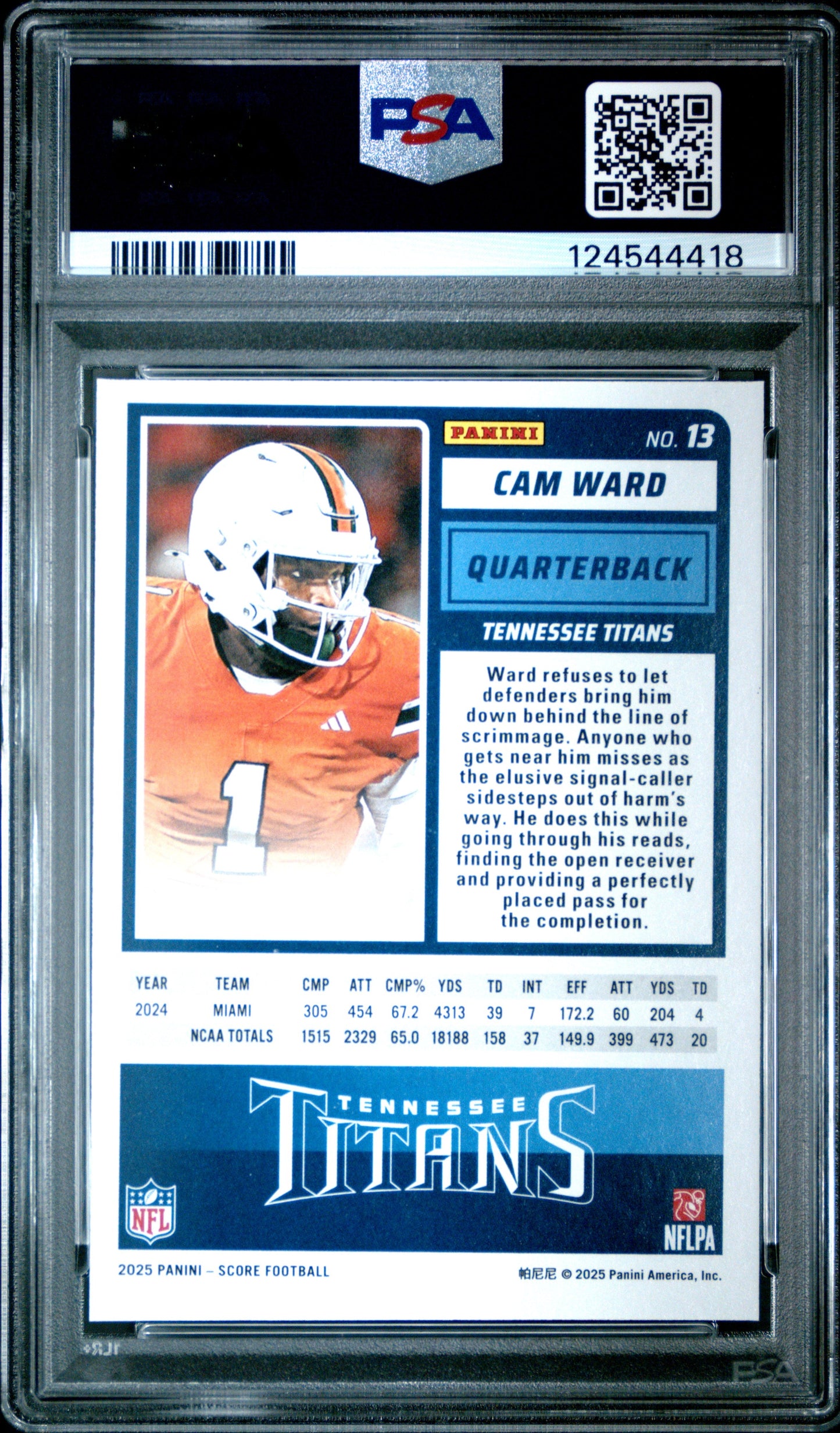 Graded 2025 Panini Score Cam Ward #13 Rookie RC Football Card PSA 8 Near Mint