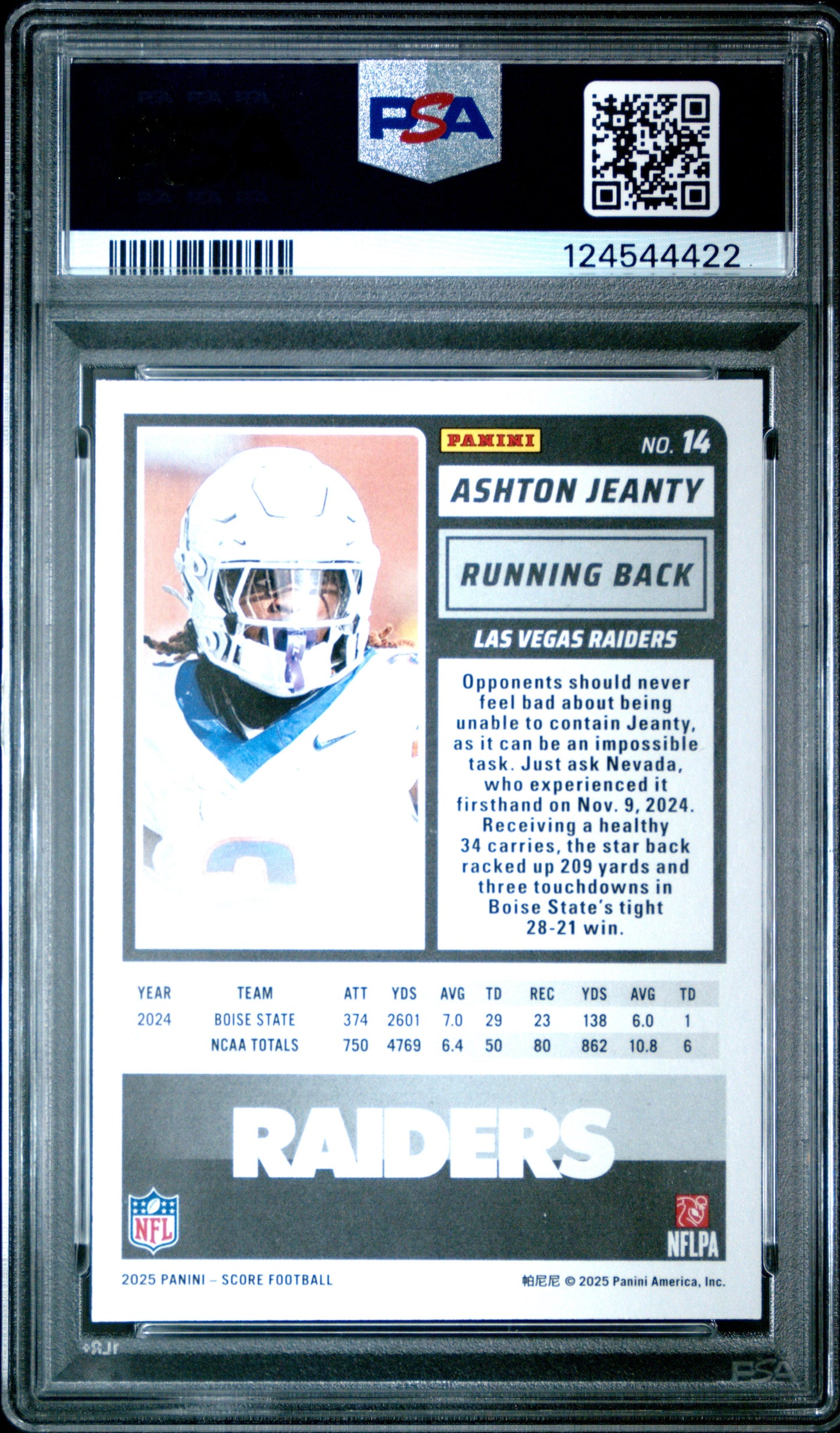 Graded 2025 Panini Score Ashton Jeanty #14 Rookie RC Football Card PSA 10 Gem Mint