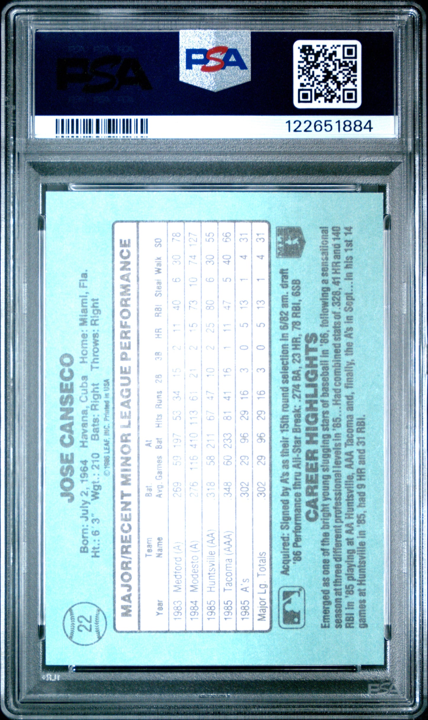 Graded 1986 Donruss The Rookies Jose Canseco #22 Baseball Card PSA 8 Near Mint - Sport Cards