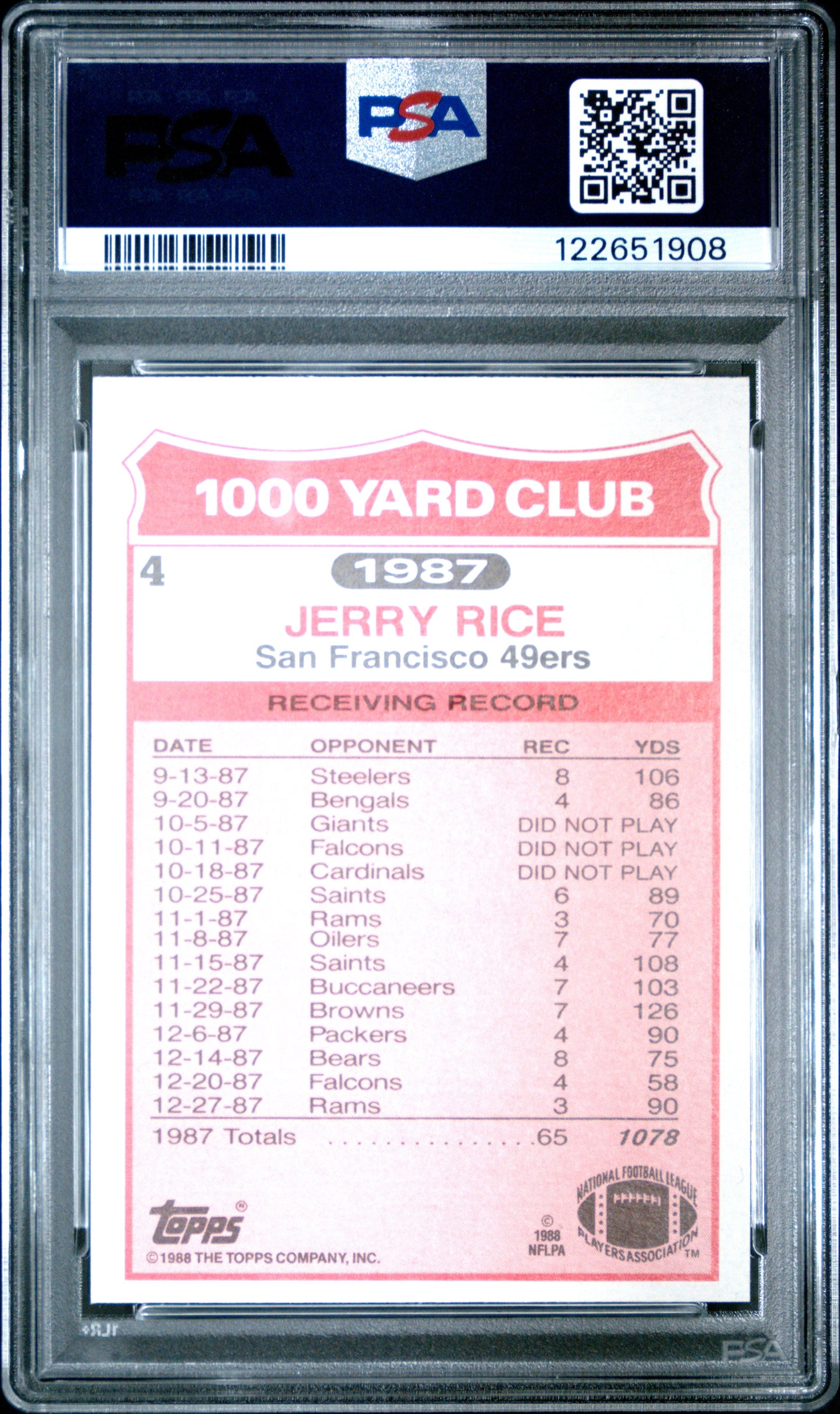 Graded 1988 Topps Jerry Rice #4 1000 Yard Club Football Card PSA 9 Mint