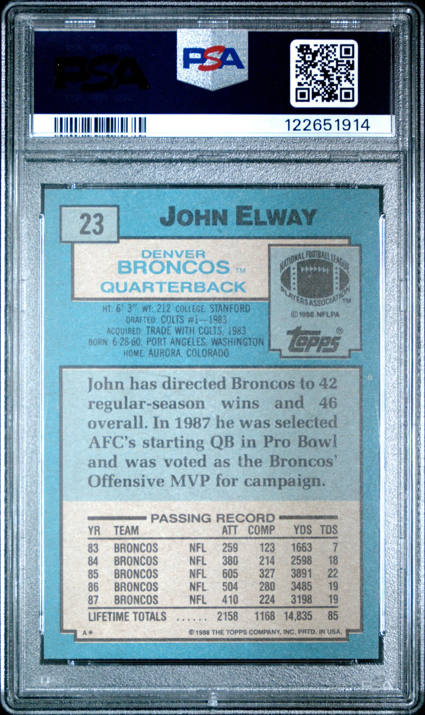 Graded 1988 Topps John Elway #23 Football Card PSA 9 Mint