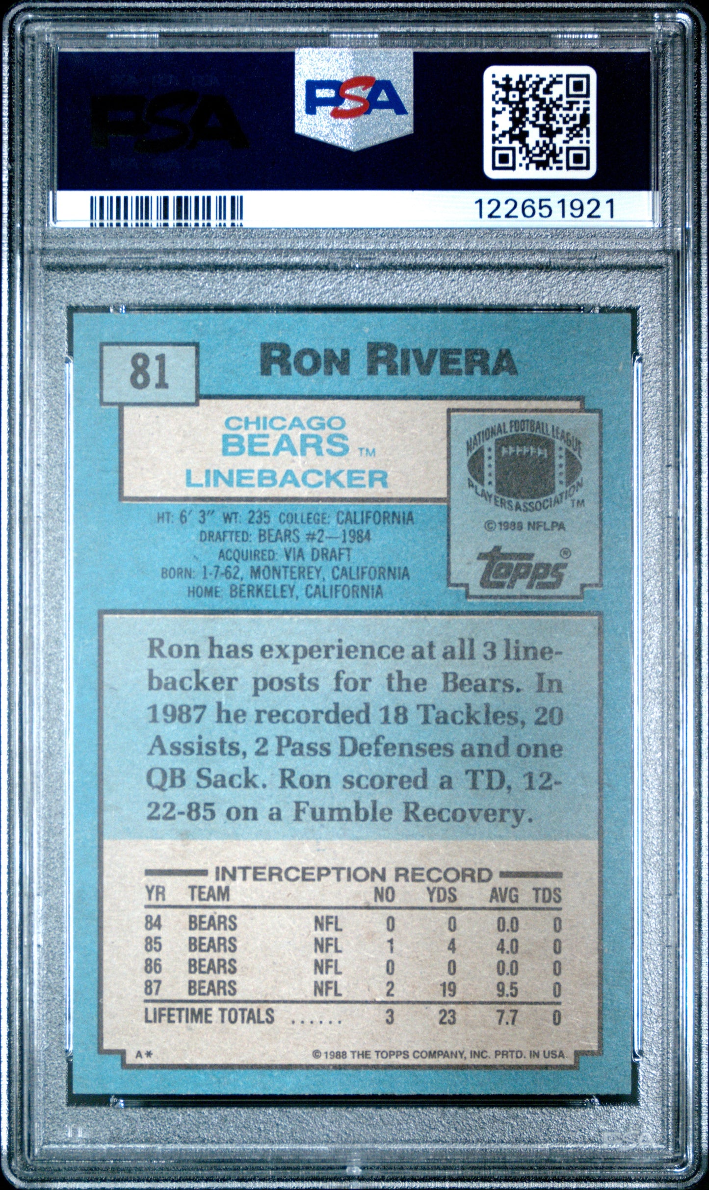 Graded 1988 Topps Ron Rivera #81 Rookie RC Football Card PSA 6 Excellent - Sport Cards