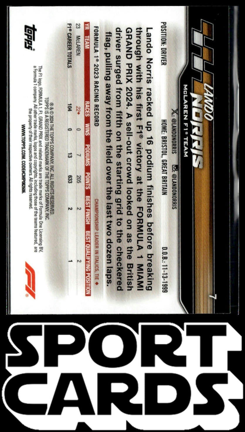 2024 Topps Paddock Pass Formula 1 #7a Lando Norris SportCards.com