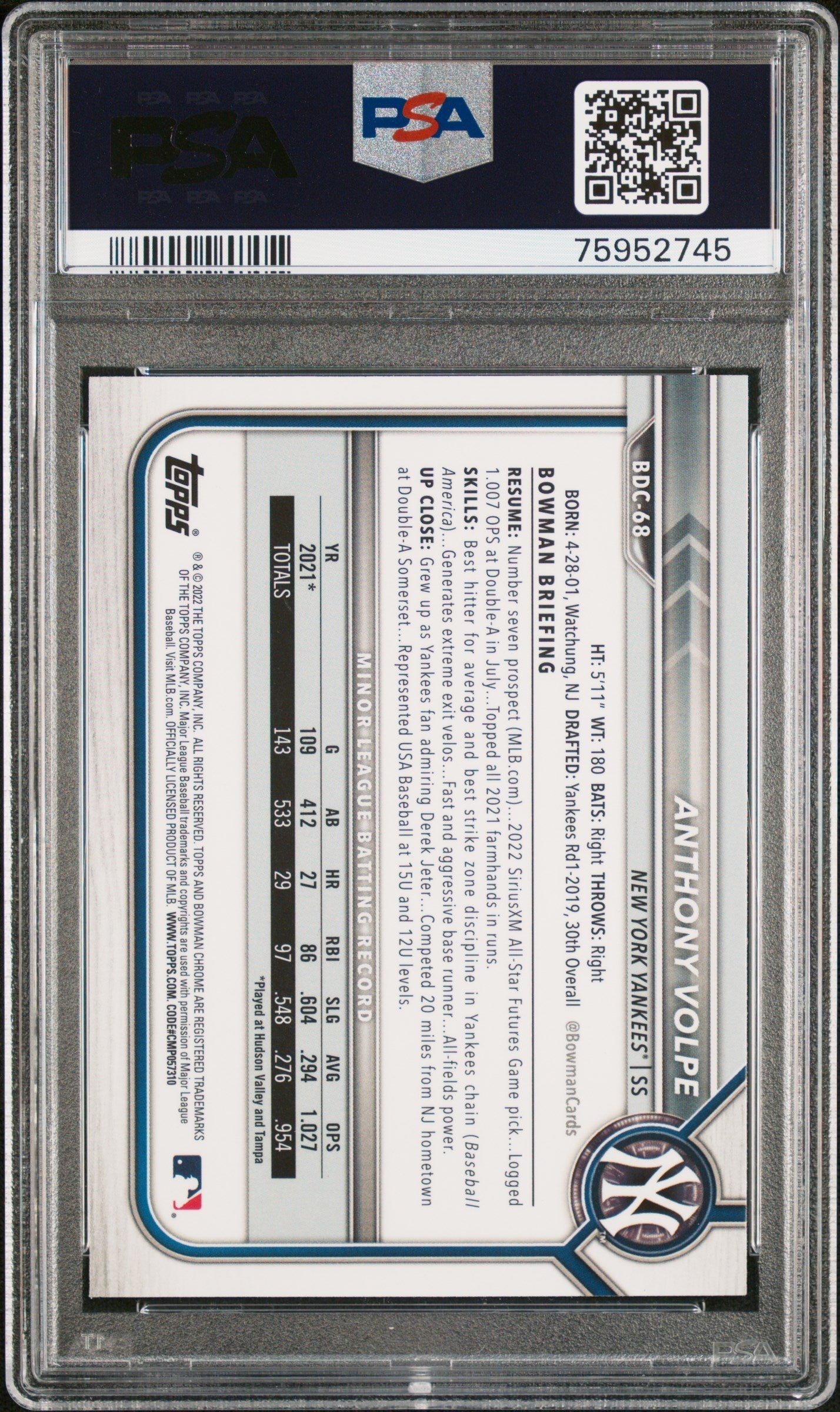 Graded 2022 Topps Bowman Draft Anthony Volpe #BDC68 Chrome Rookie RC Baseball Card PSA 10 Gem Mint