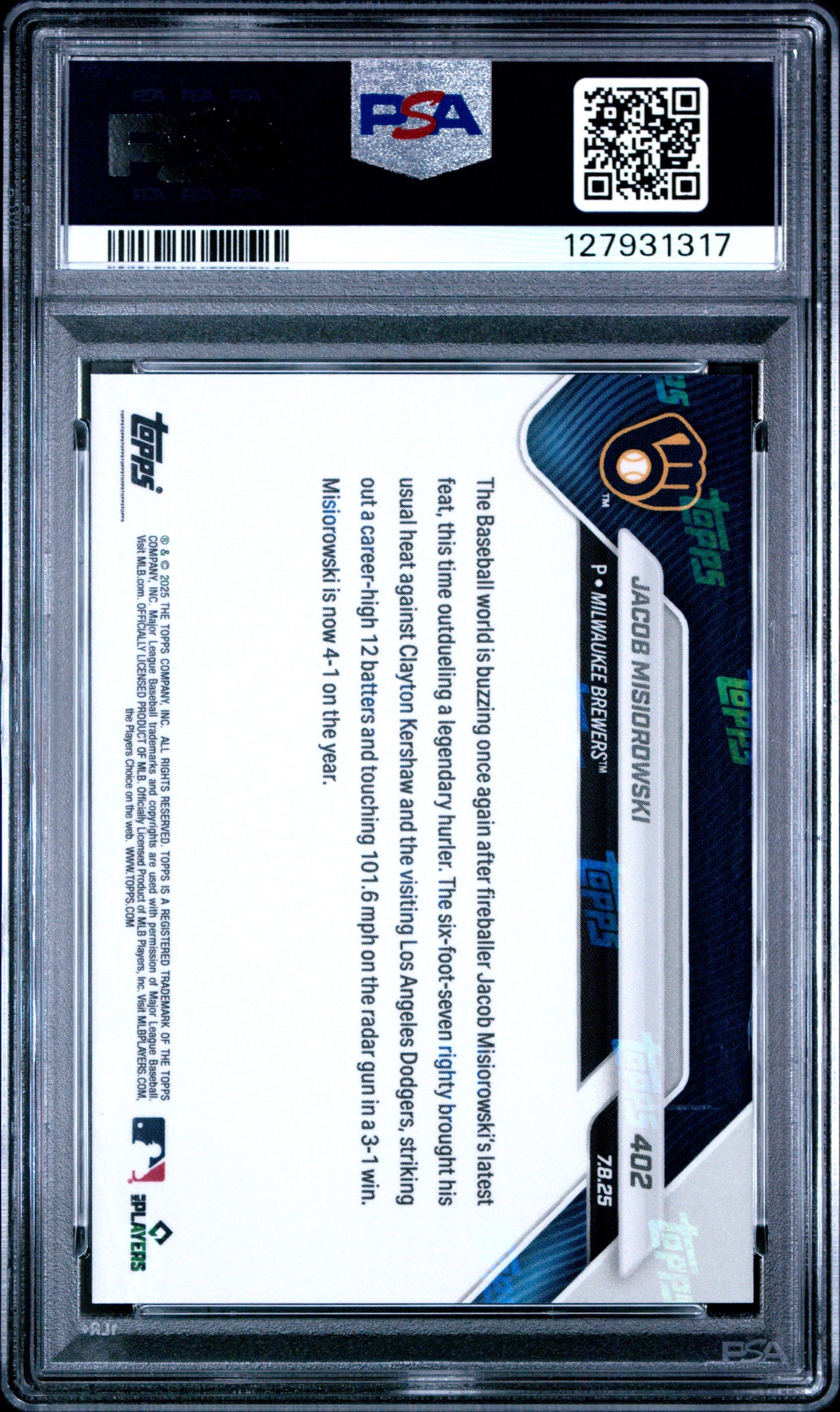 Graded 2025 Topps Now Jacob Misiorowski #402 Rookie RC Baseball Card PSA 9 Mint