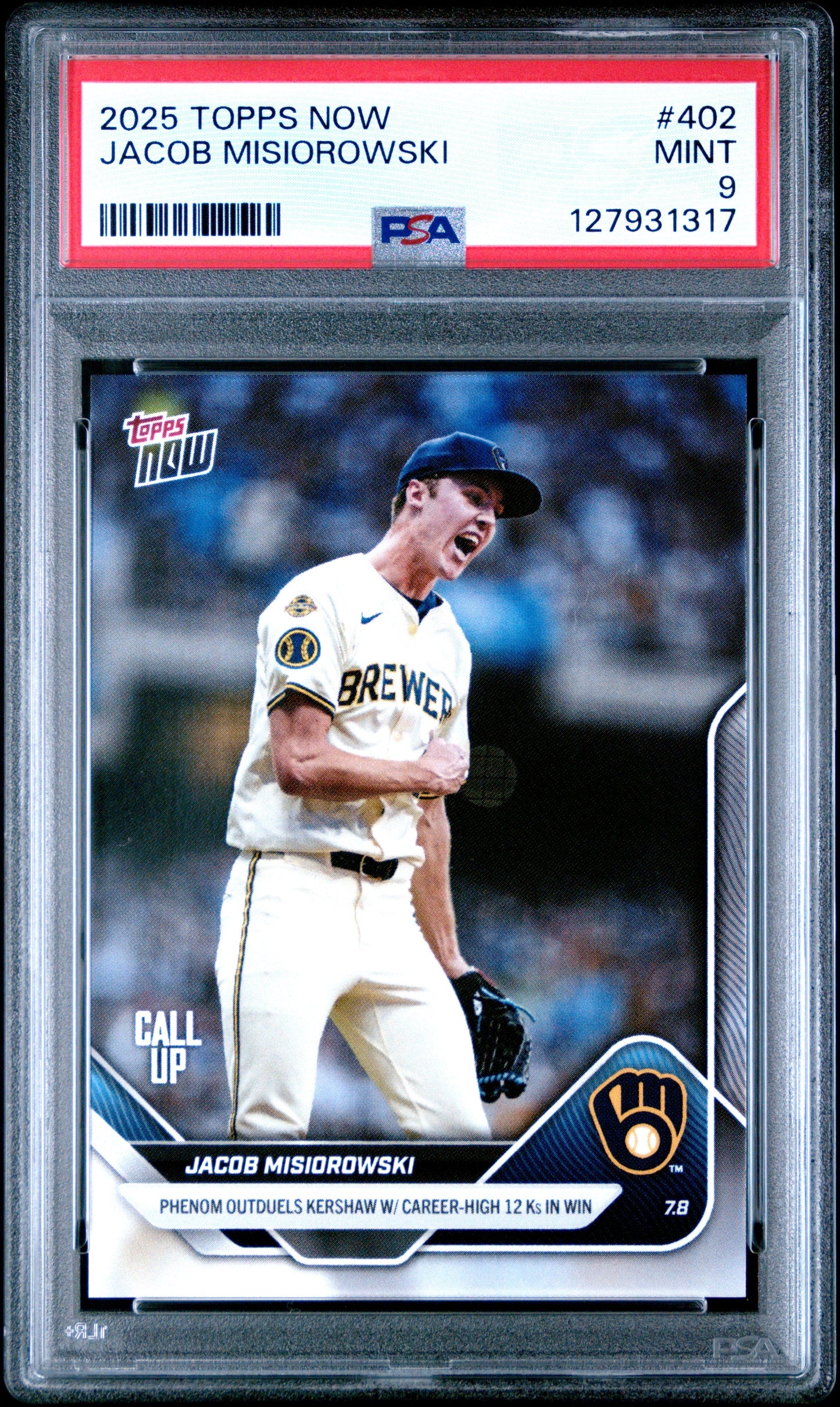 Graded 2025 Topps Now Jacob Misiorowski #402 Rookie RC Baseball Card PSA 9 Mint