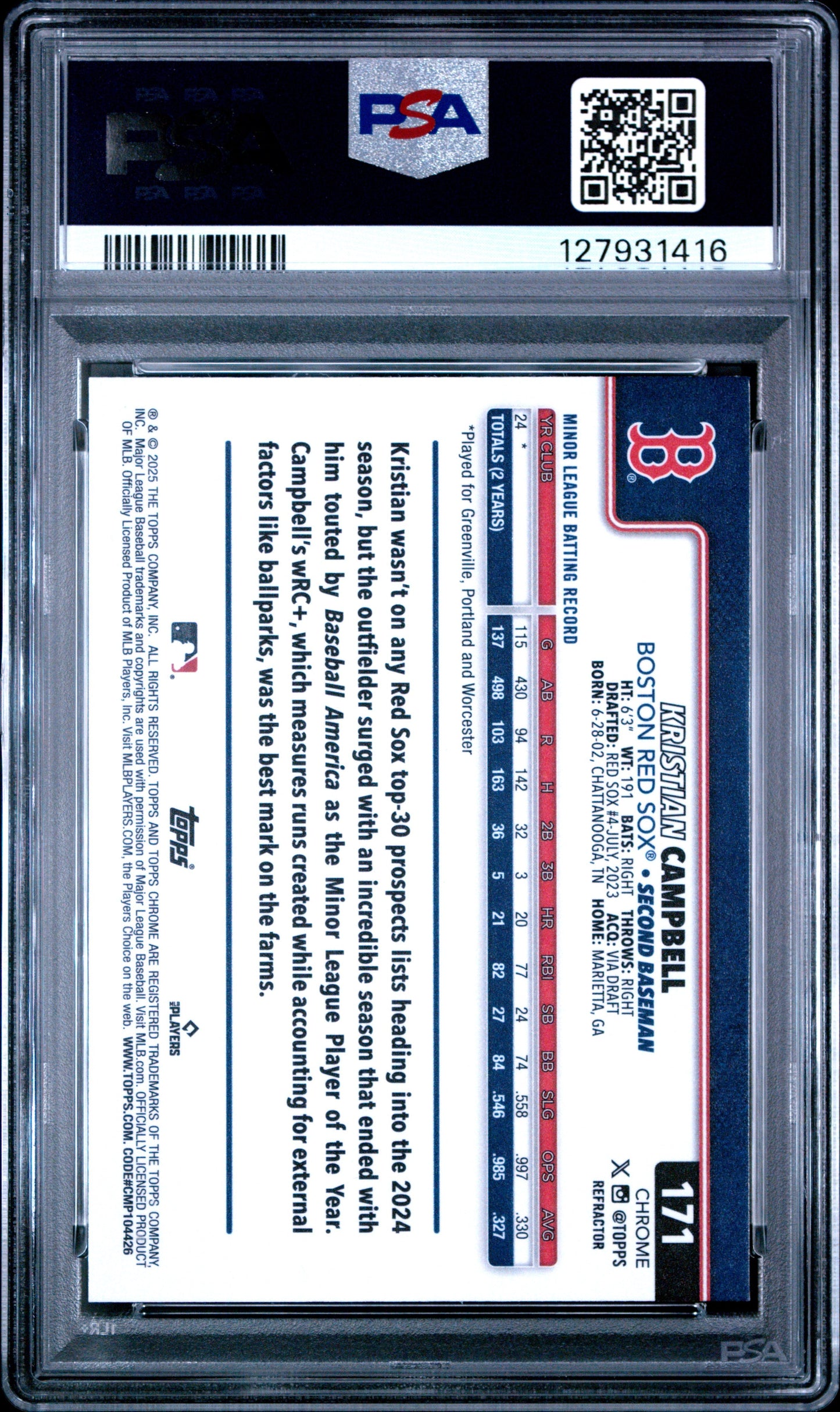 Graded 2025 Topps Chrome Kristian Campbell #171 Refractor Rookie RC Baseball Card PSA 10 Gem Mint