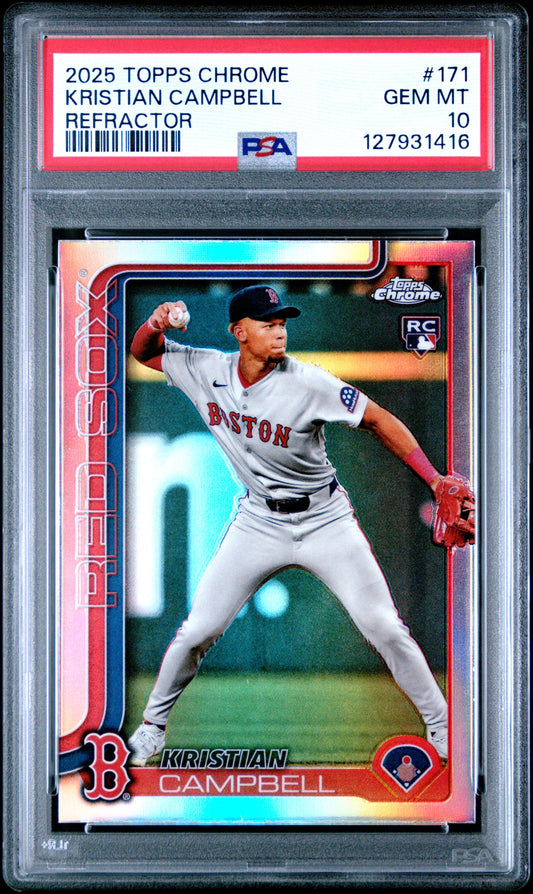 Graded 2025 Topps Chrome Kristian Campbell #171 Refractor Rookie RC Baseball Card PSA 10 Gem Mint