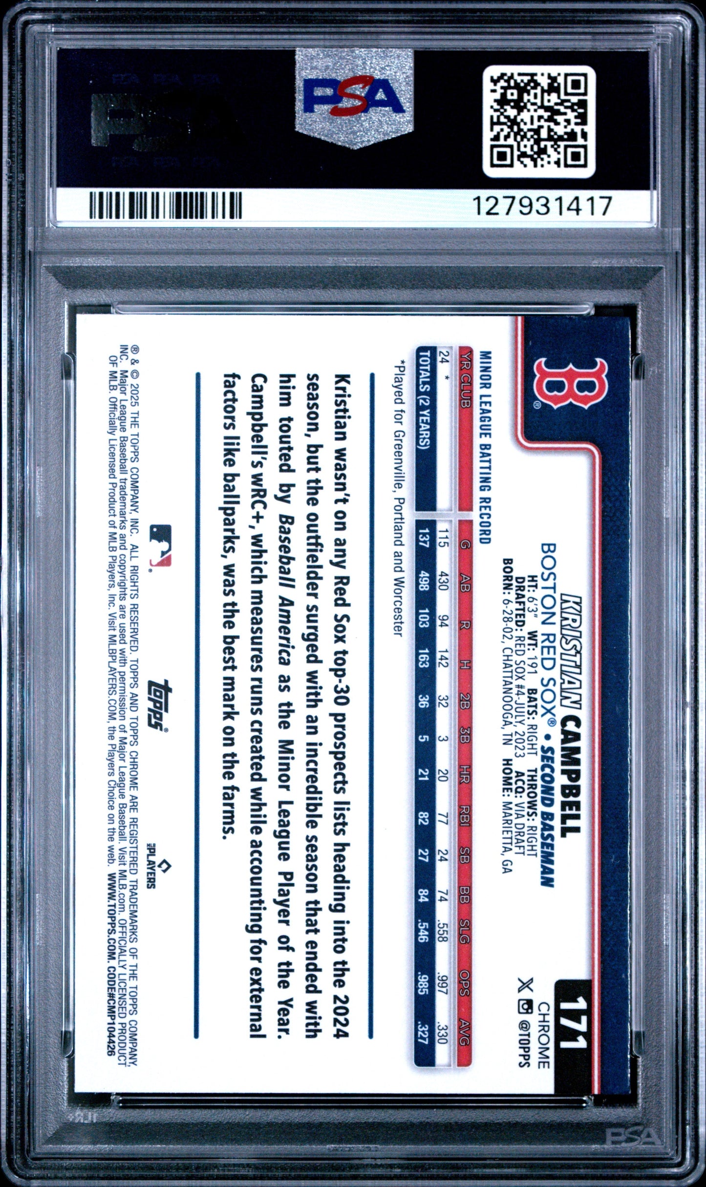 Graded 2025 Topps Chrome Kristian Campbell #171 Sepia Refractor Rookie RC Baseball Card PSA 8 Near Mint