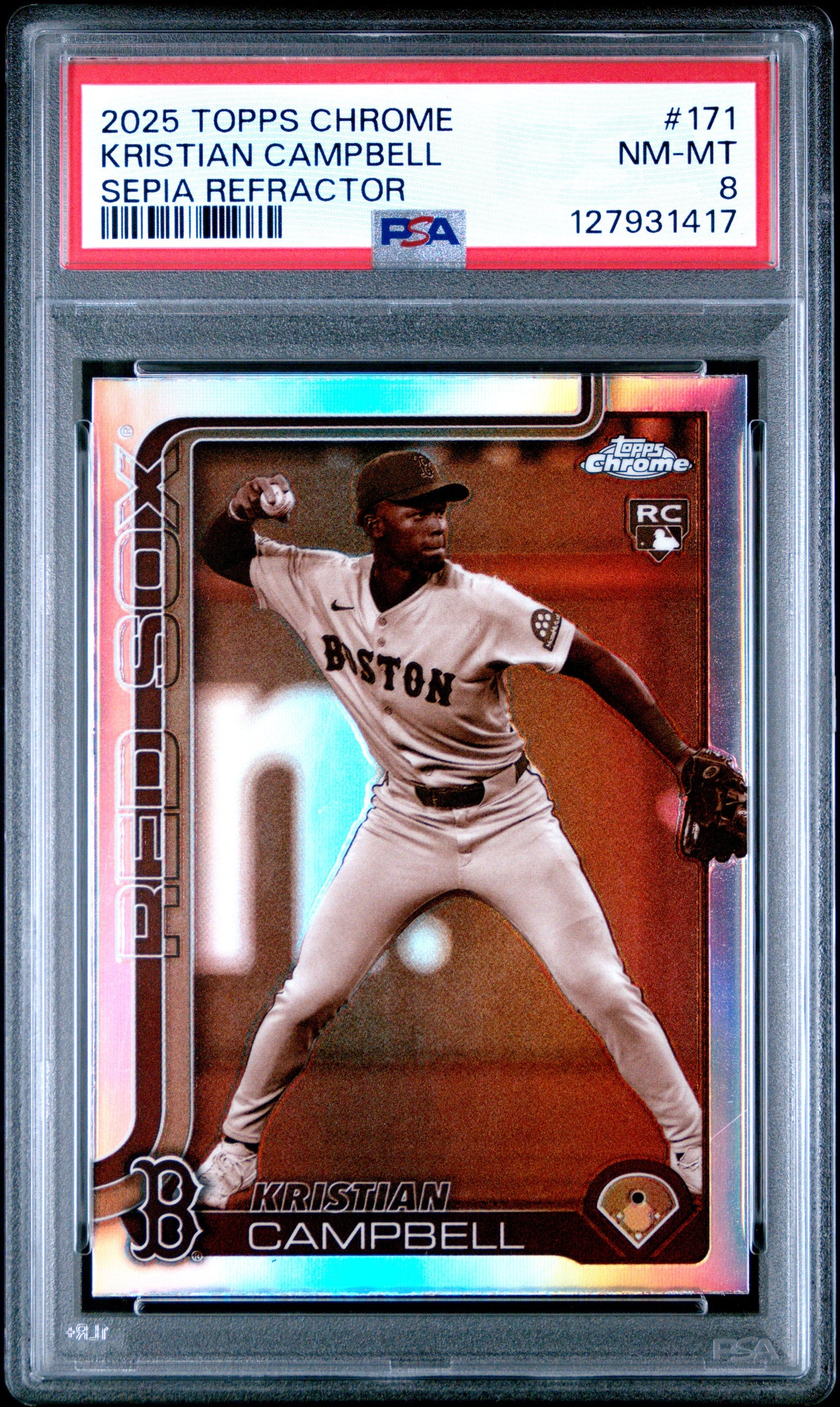 Graded 2025 Topps Chrome Kristian Campbell #171 Sepia Refractor Rookie RC Baseball Card PSA 8 Near Mint