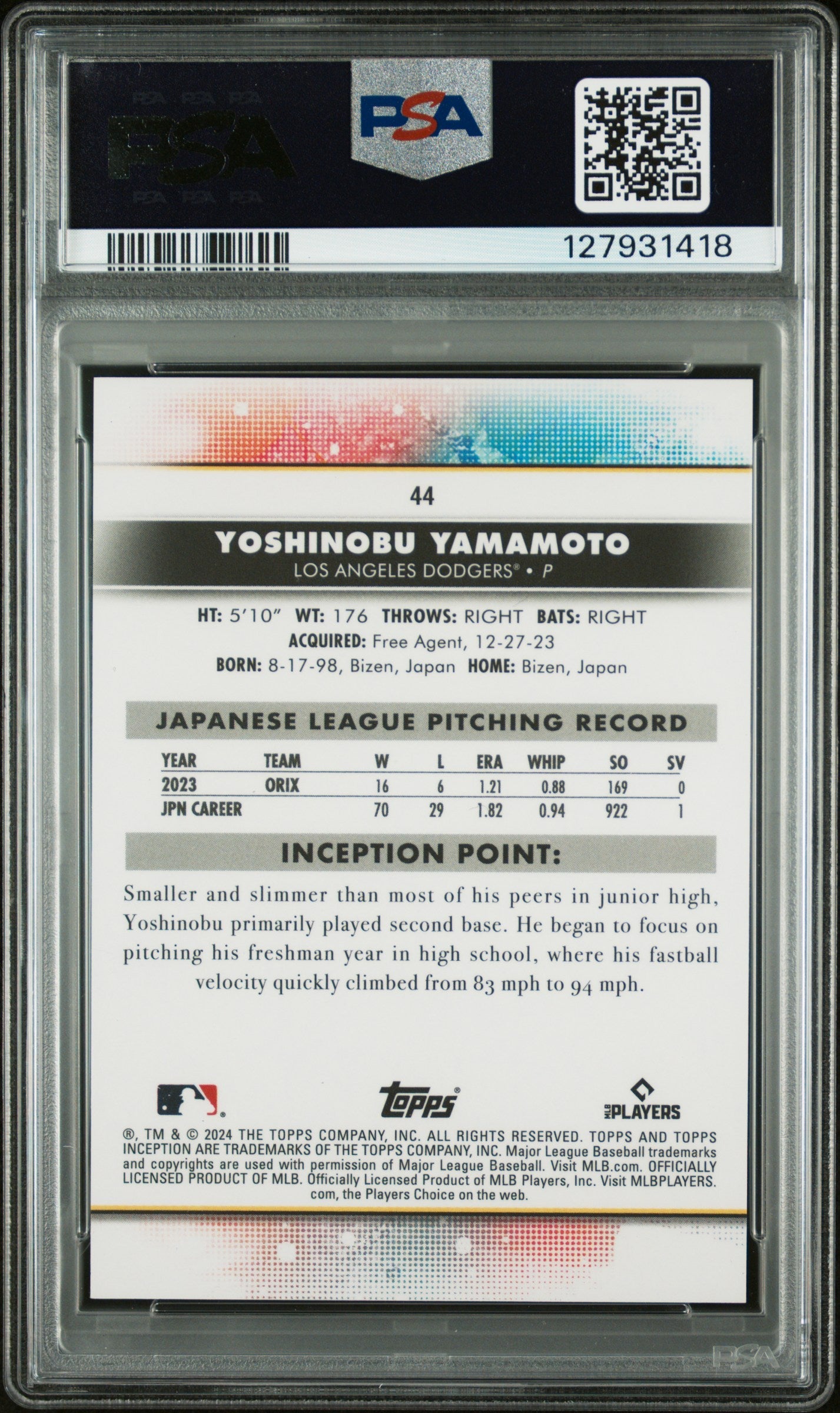 Graded 2024 Topps Inception Yoshinobu Yamamoto #44 Green Rookie RC Baseball Card PSA 10 Gem Mint