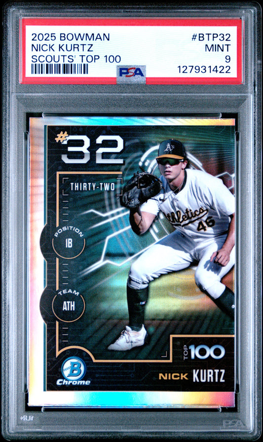 Graded 2025 Topps Bowman Nick Kurtz #BTP32 Bowman Scouts Top 100 Rookie RC Baseball Card PSA 9 Mint - Sport Cards