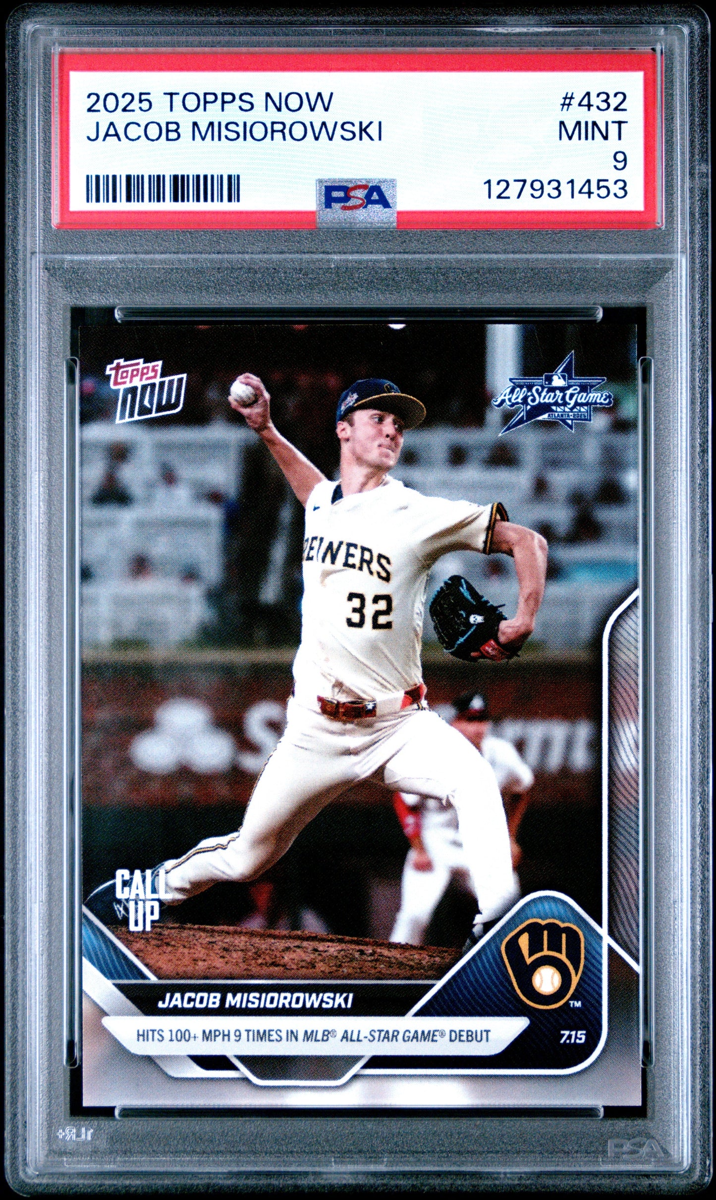 Graded 2025 Topps Now Jacob Misiorowski #432 Rookie RC Baseball Card PSA 9 Mint