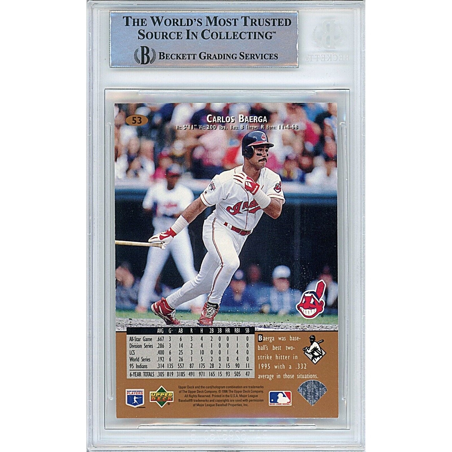 1996 Upper Deck #53 — Carlos Baerga Cleveland Indians Autographed Trading Card — Beckett Authentication