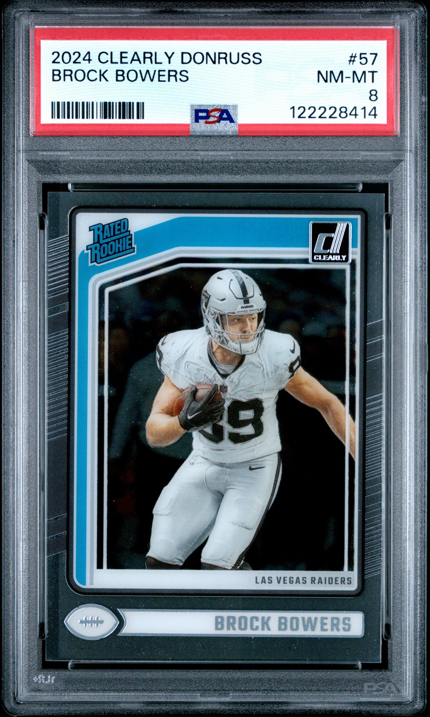 Graded 2024 Panini Clearly Donruss Brock Bowers #57 Rookie RC Football Card PSA 8 Near Mint