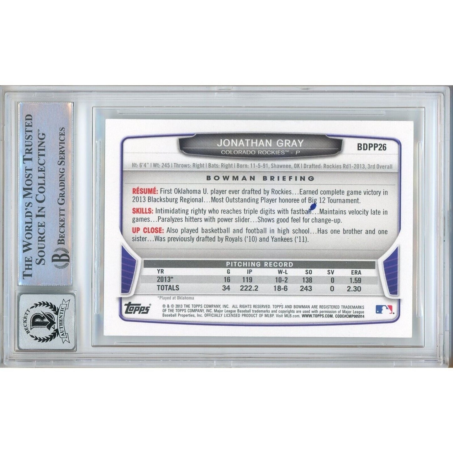 2013 Bowman Draft Picks — Jon Gray Autographed Trading Card — Beckett Authentication