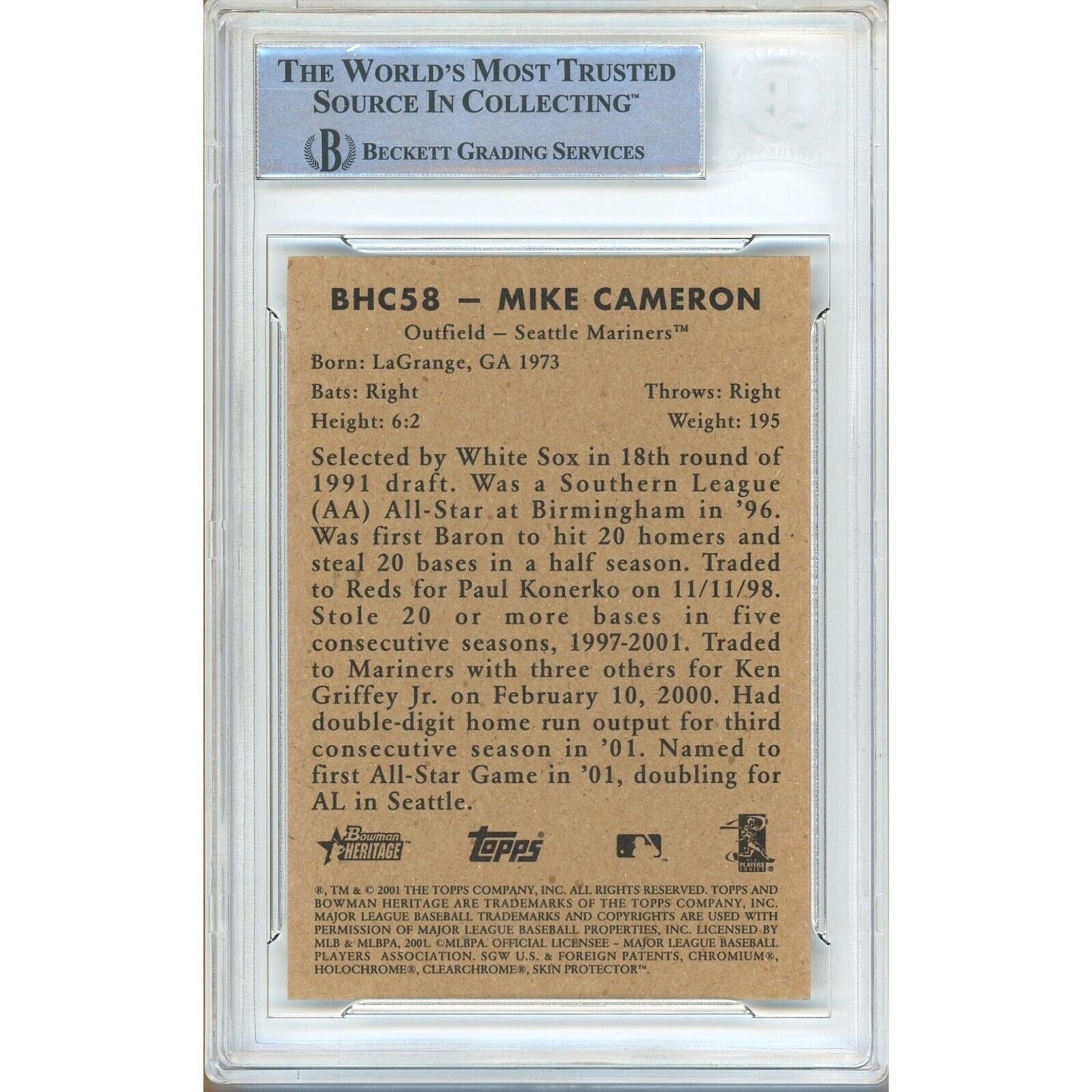 Mike Cameron Seattle Mariners Signed 2001 Bowman Heritage Chrome Card BAS Auth Auto