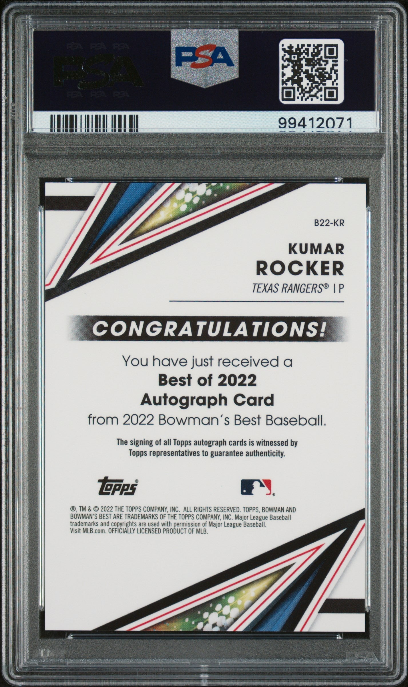 Graded 2022 Topps Bowmans Best Kumar Rocker #B22KR Best of 2022 Autographs Rookie RC Baseball Card PSA 10 Gem Mint