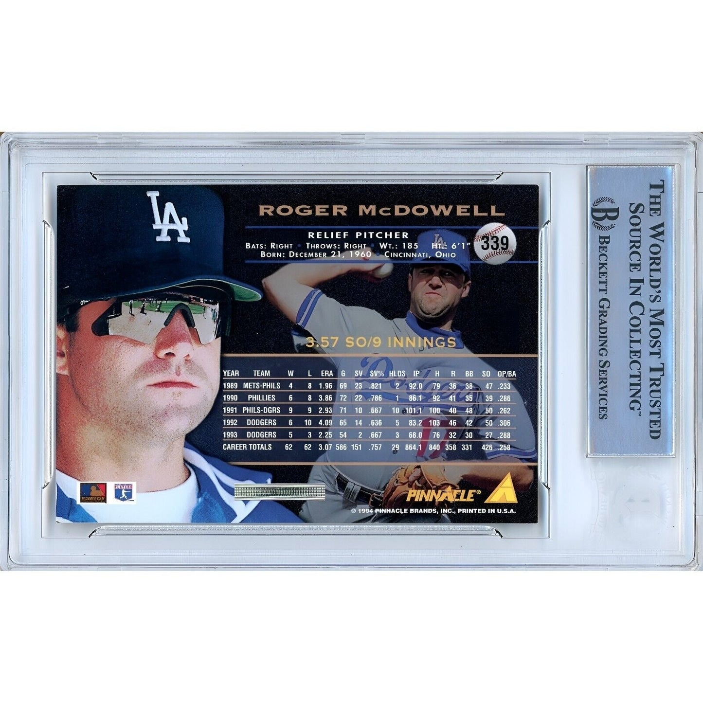 Roger McDowell Los Angeles Dodgers Signed 1994 Pinnacle Card Beckett Auth Auto Slab
