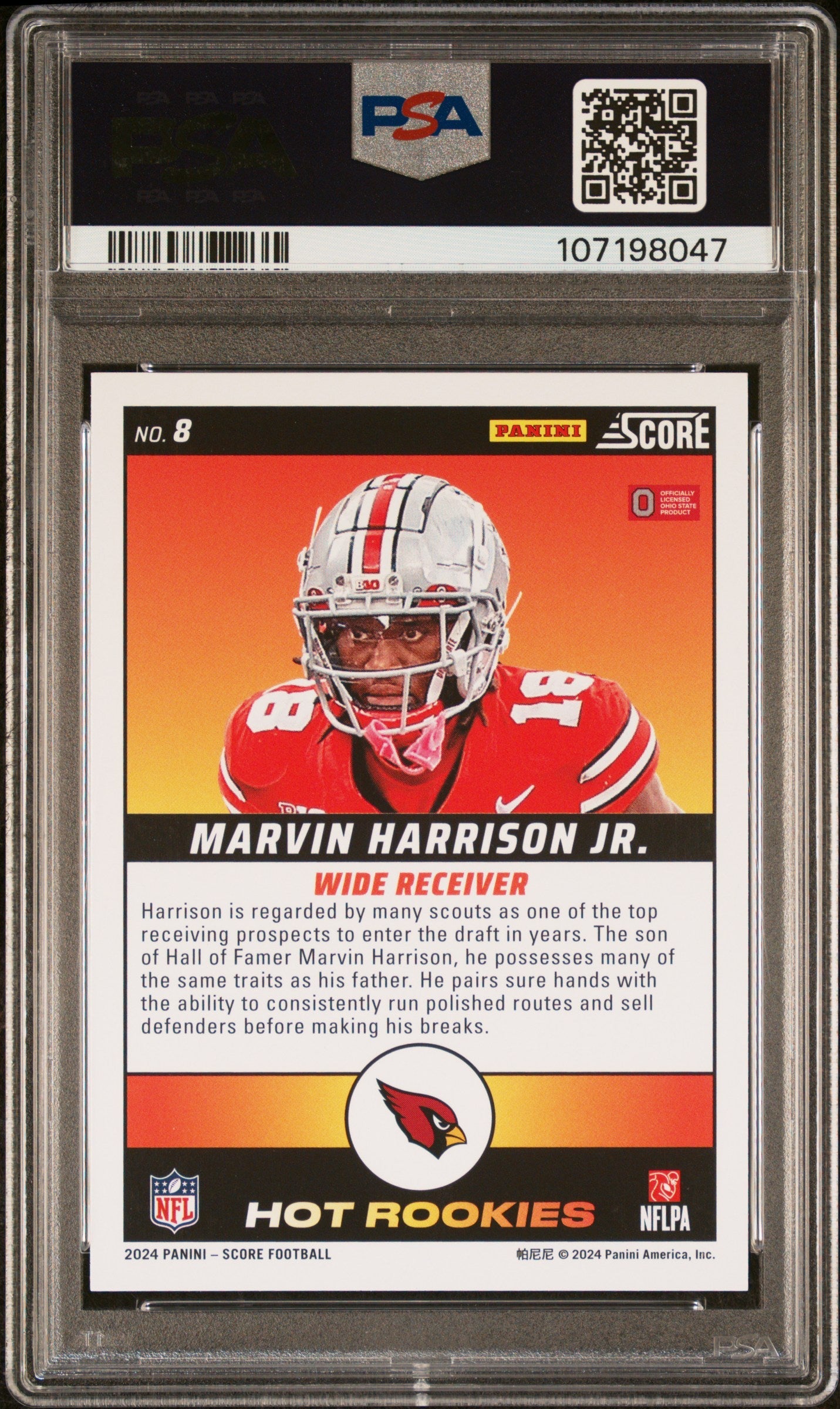 Graded 2024 Panini Score Marvin Harrison Jr #8 Hot Rookies Rookie RC Football Card PSA 10 Gem Mint
