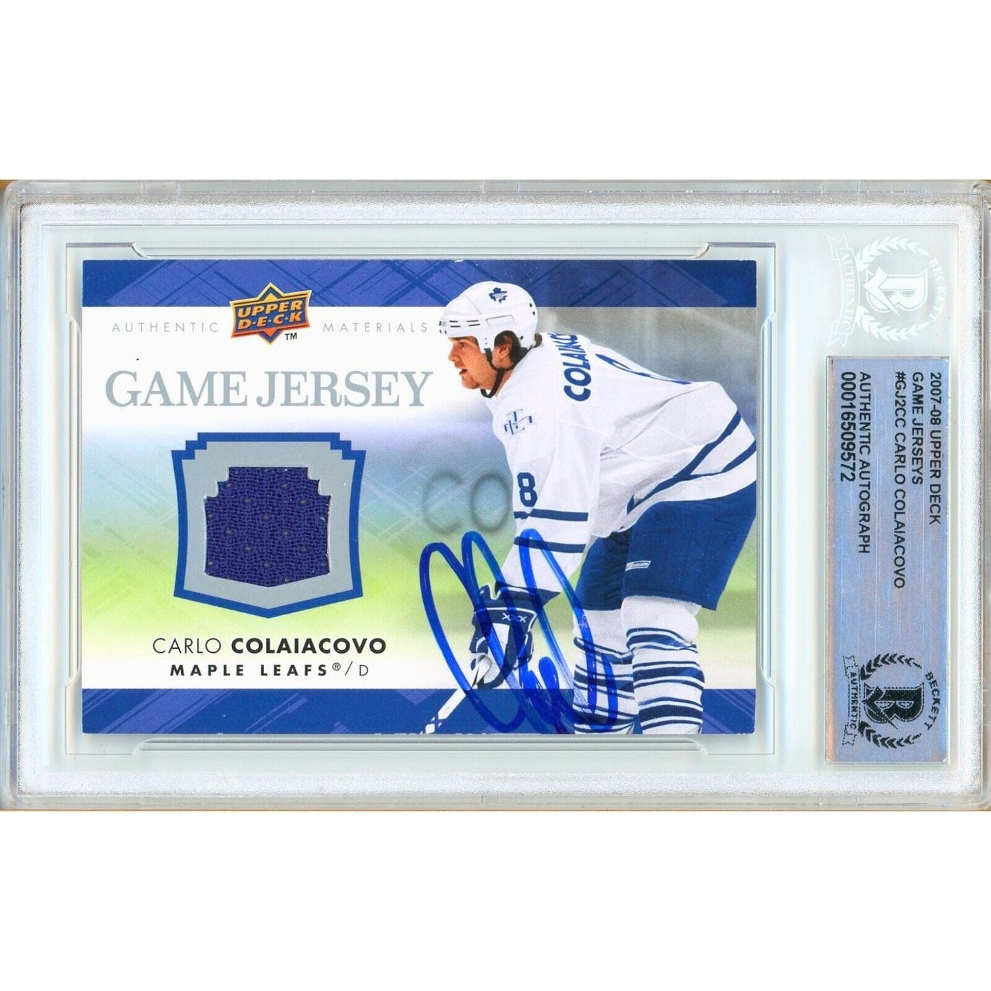 2007-08 Upper Deck Game Jerseys #GJ2CC — Carlo Colaiacovo Toronto Maple Leafs Autographed Trading Card — Beckett Authentication