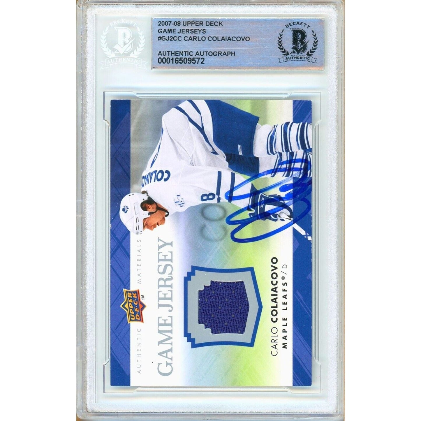 2007-08 Upper Deck Game Jerseys #GJ2CC — Carlo Colaiacovo Toronto Maple Leafs Autographed Trading Card — Beckett Authentication