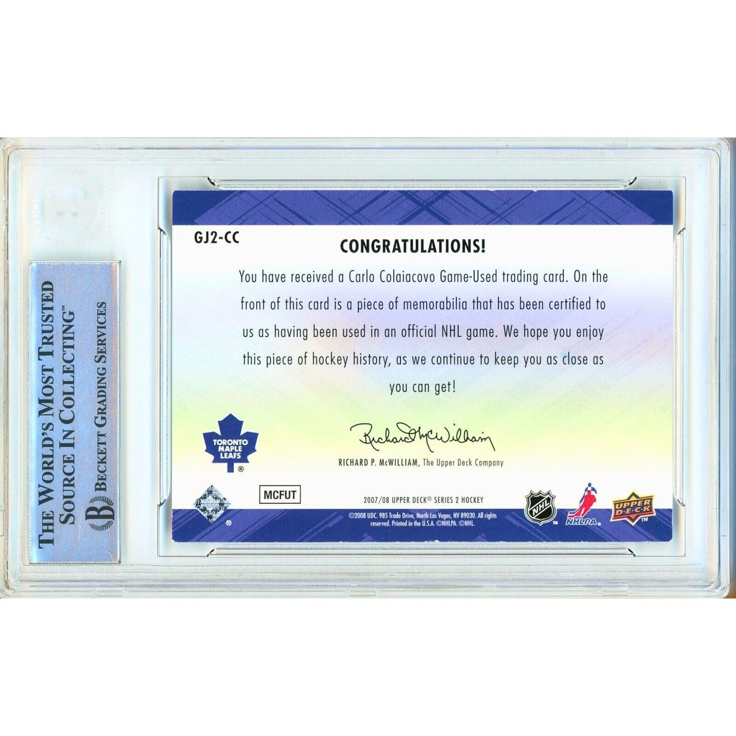 2007-08 Upper Deck Game Jerseys #GJ2CC — Carlo Colaiacovo Toronto Maple Leafs Autographed Trading Card — Beckett Authentication