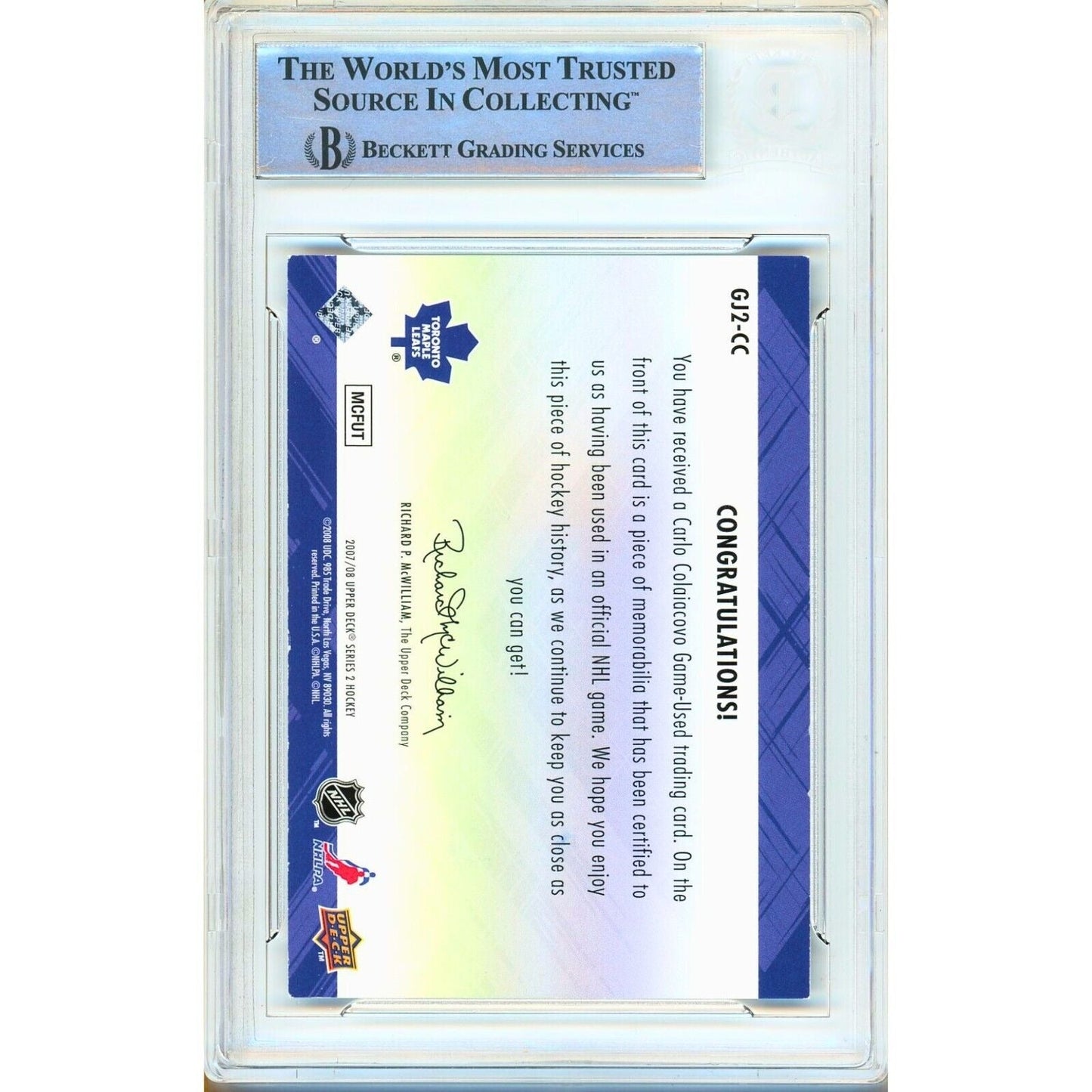 2007-08 Upper Deck Game Jerseys #GJ2CC — Carlo Colaiacovo Toronto Maple Leafs Autographed Trading Card — Beckett Authentication