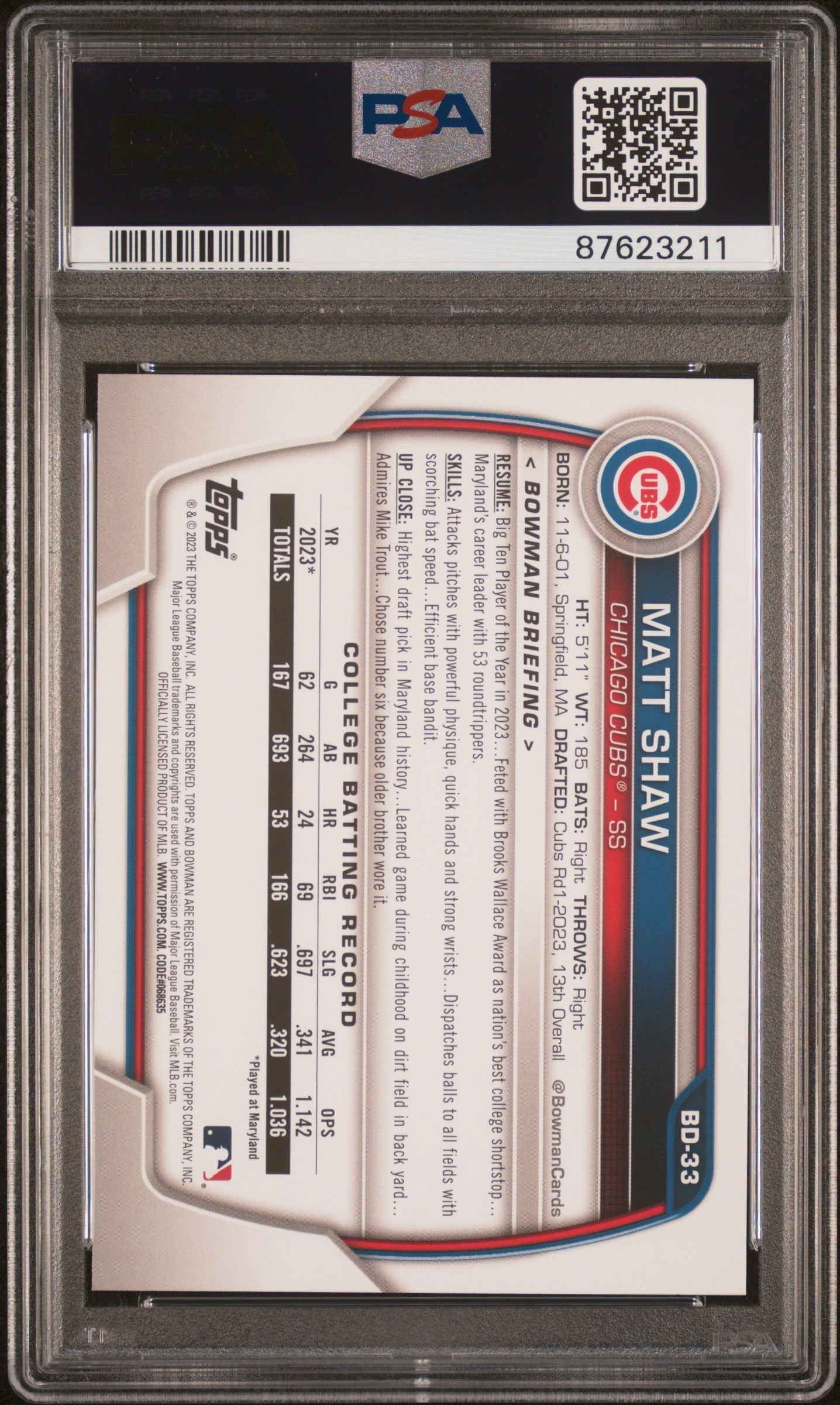 Graded 2023 Topps Bowman Draft Matt Shaw #BD33 Rookie RC Baseball Card PSA 10 Gem Mint