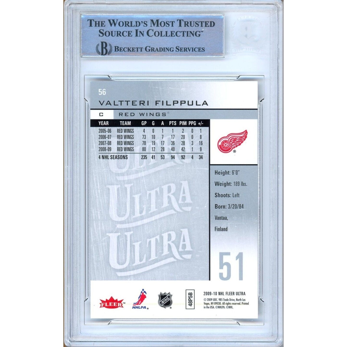 Valtteri Filppula Detroit Red Wings Signed 2009-10 Fleer Ultra Card Beckett Auth Auto Slab