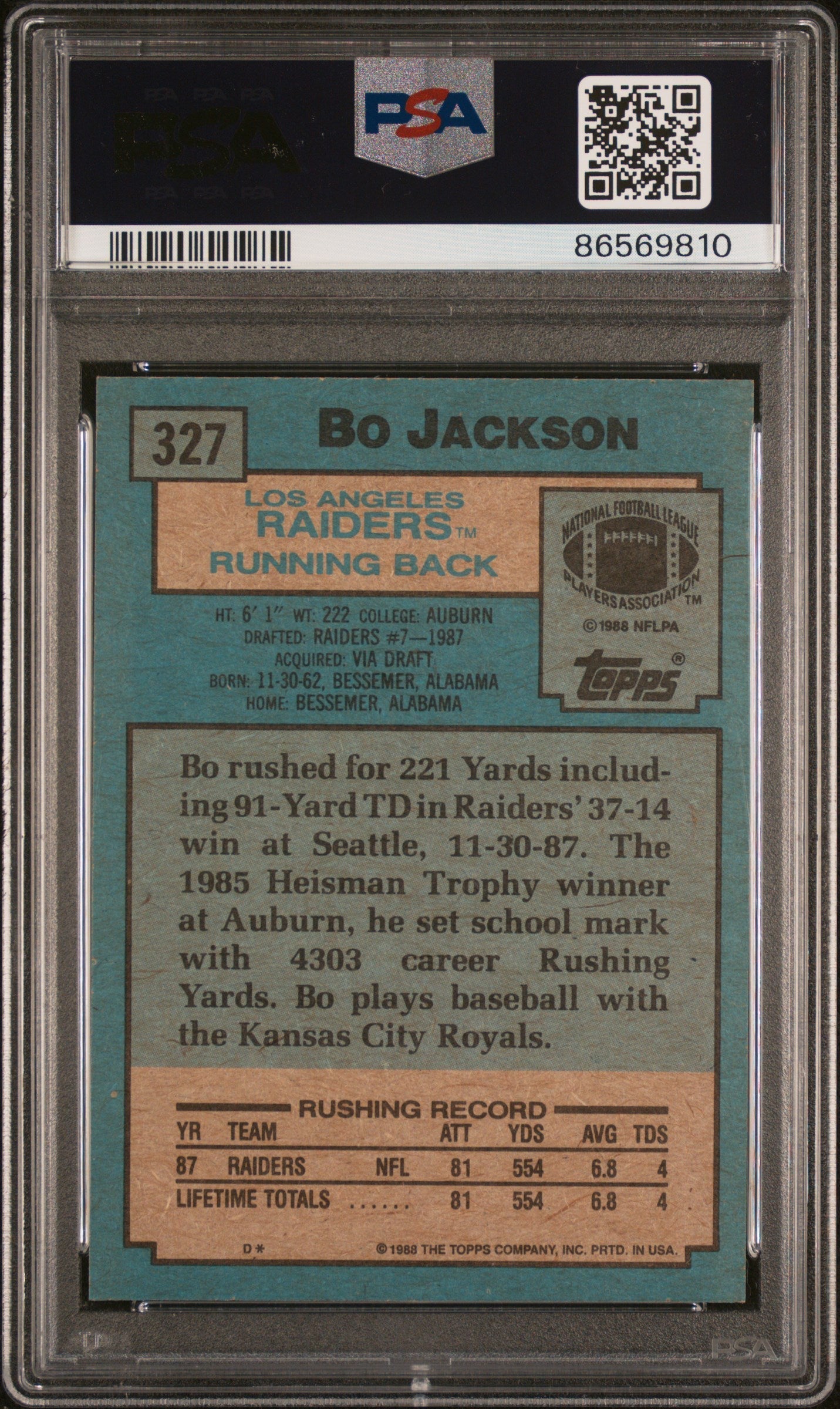 Graded 1988 Topps Super Rookie Bo Jackson #327 Rookie RC Baseball Card PSA 9 Mint