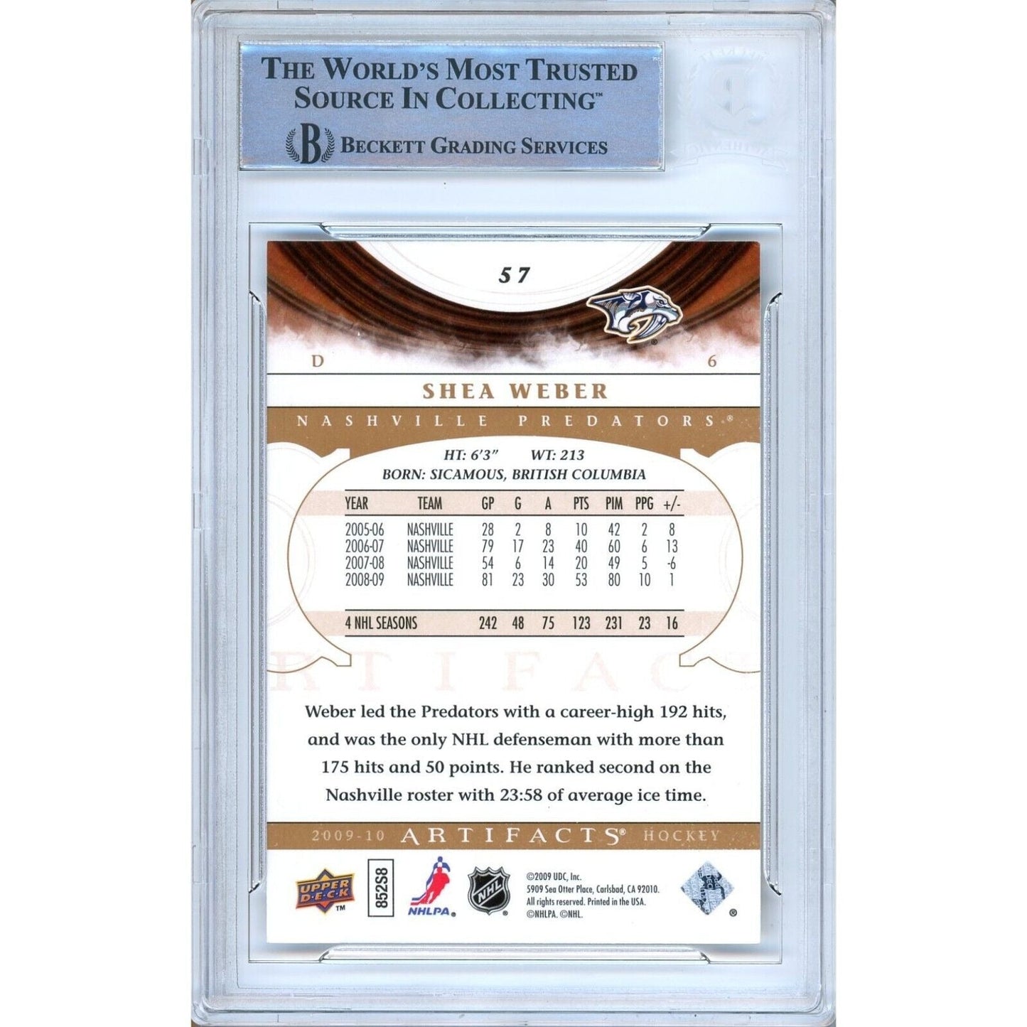 Shea Weber Nashville Predators Signed 2009 Upper Deck Artifacts Card Beckett Auth Auto