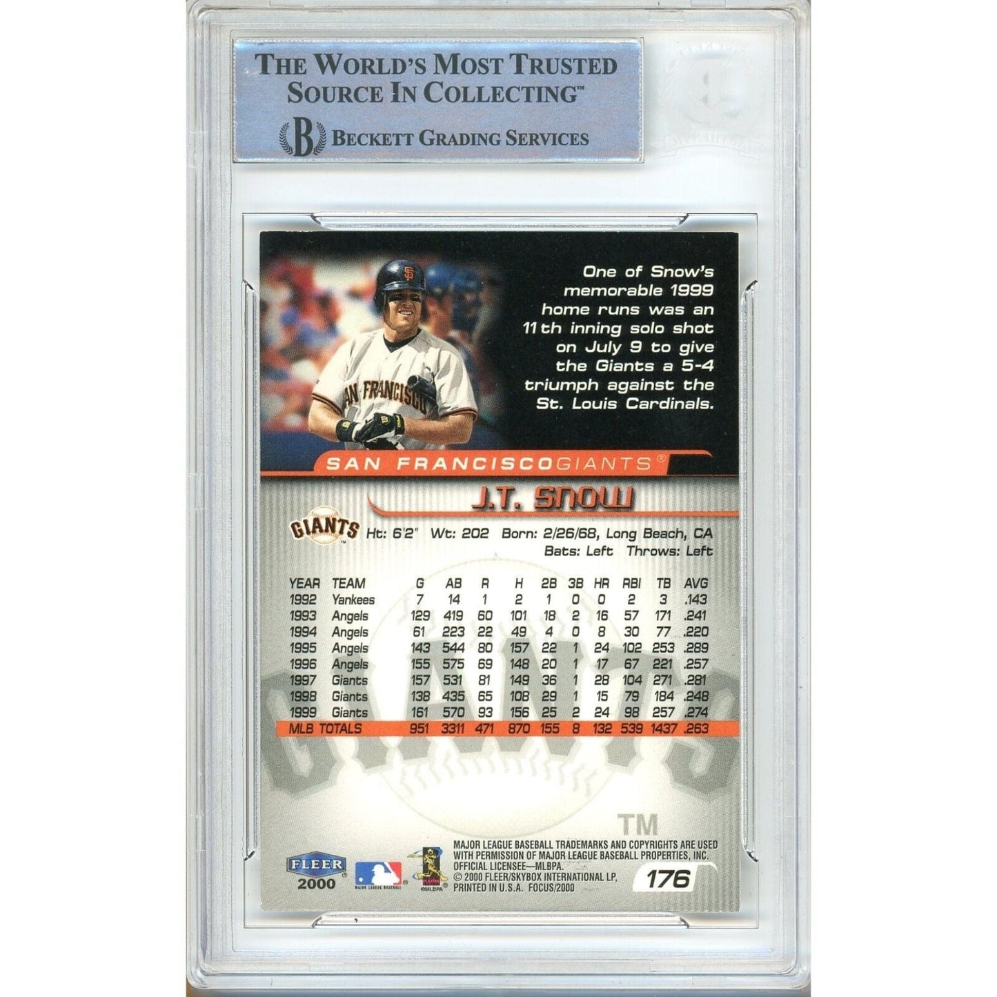 2000 Fleer Focus #176 — JT Snow San Francisco Giants Autographed Trading Card — Beckett Authentication