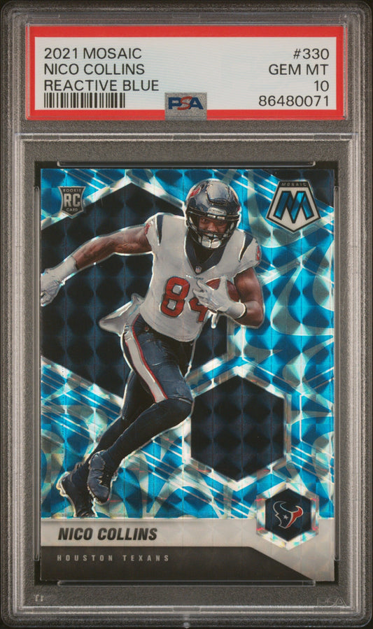 Graded 2021 Panini Mosaic Nico Collins #330 Reactive Blue Rookie RC Football Card PSA 10 Gem Mint - Sport Cards