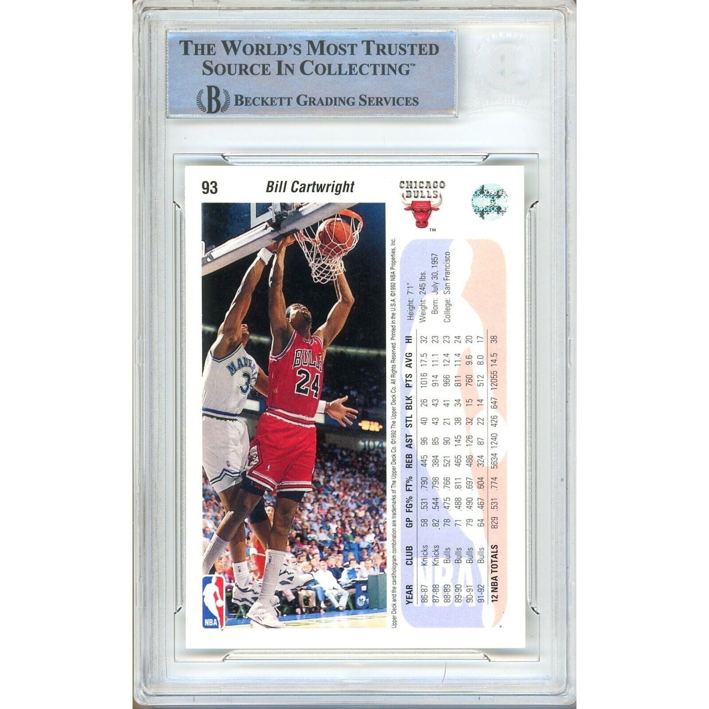 1992-93 Upper Deck #93 — Bill Cartwright Chicago Bulls Autographed Trading Card — Beckett Authentication