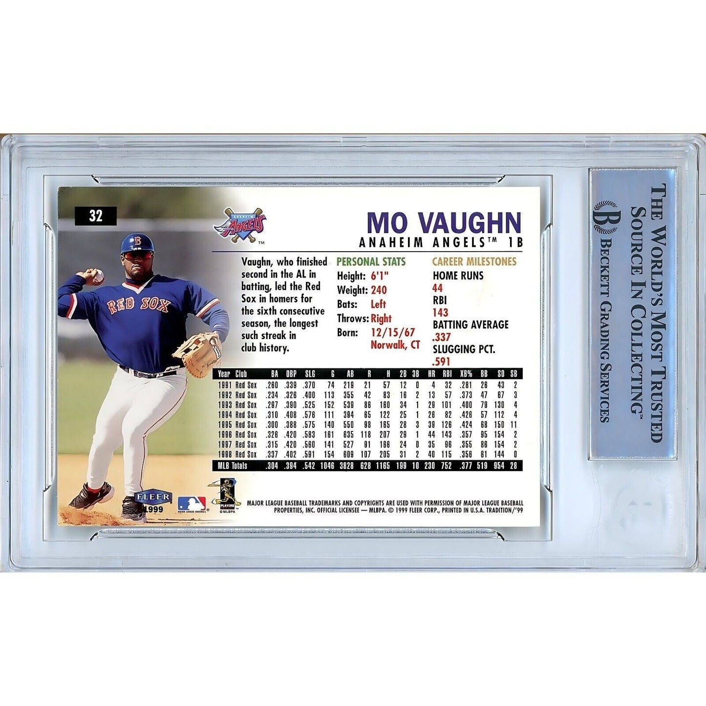 Mo Vaughn Boston Red Sox Signed 1999 Fleer Tradition Baseball Card BAS Auth Auto Slab