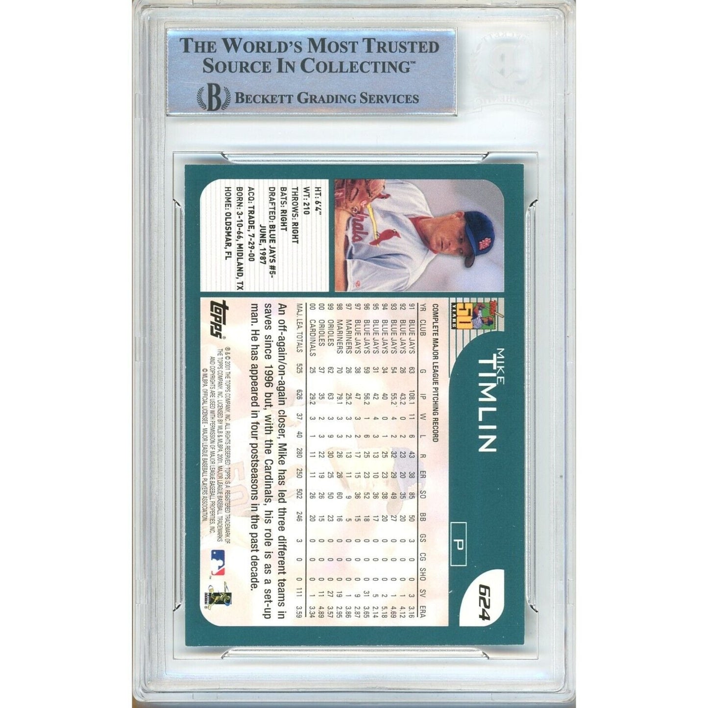 Mike Timlin St Louis Cardinals Signed 2001 Topps Baseball Card Beckett Authentic Auto Slab