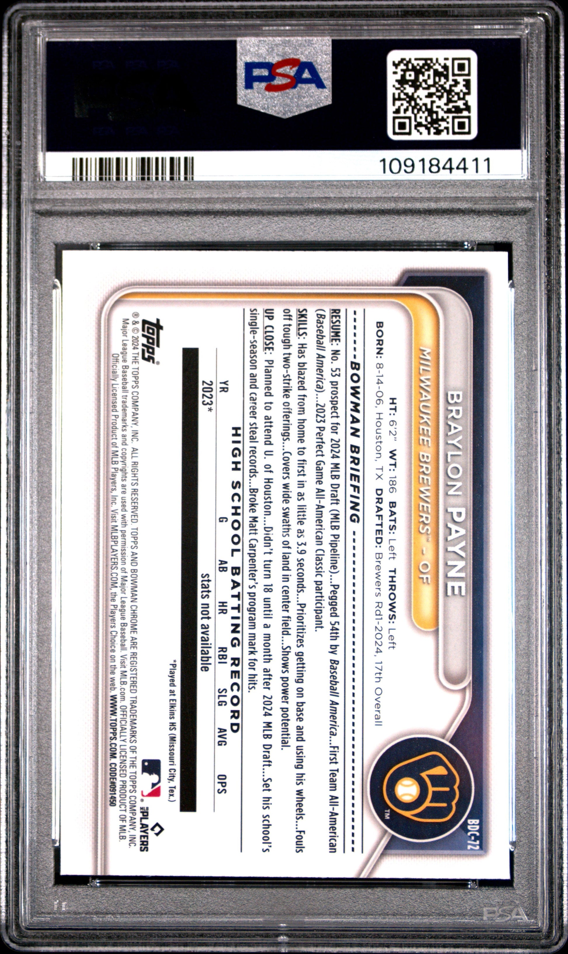Graded 2024 Topps Bowman Sapphire Edition Braylon Payne #BDC72 Rookie RC Baseball Card PSA 10 Gem Mint - Sport Cards