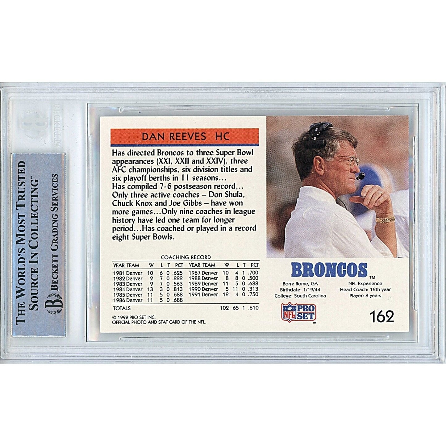 1992 NFL Pro Set #162 — Dan Reeves Denver Broncos Autographed Trading Card — Beckett Authentication