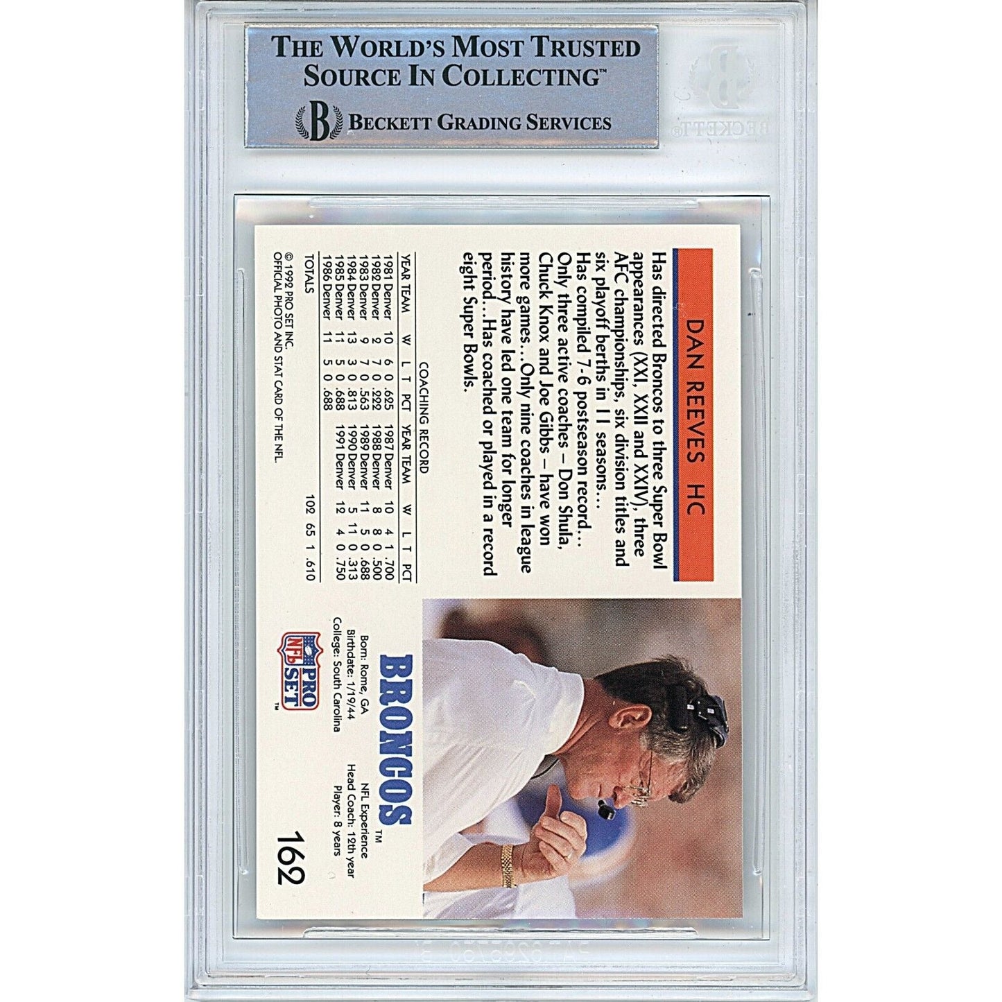 1992 NFL Pro Set #162 — Dan Reeves Denver Broncos Autographed Trading Card — Beckett Authentication