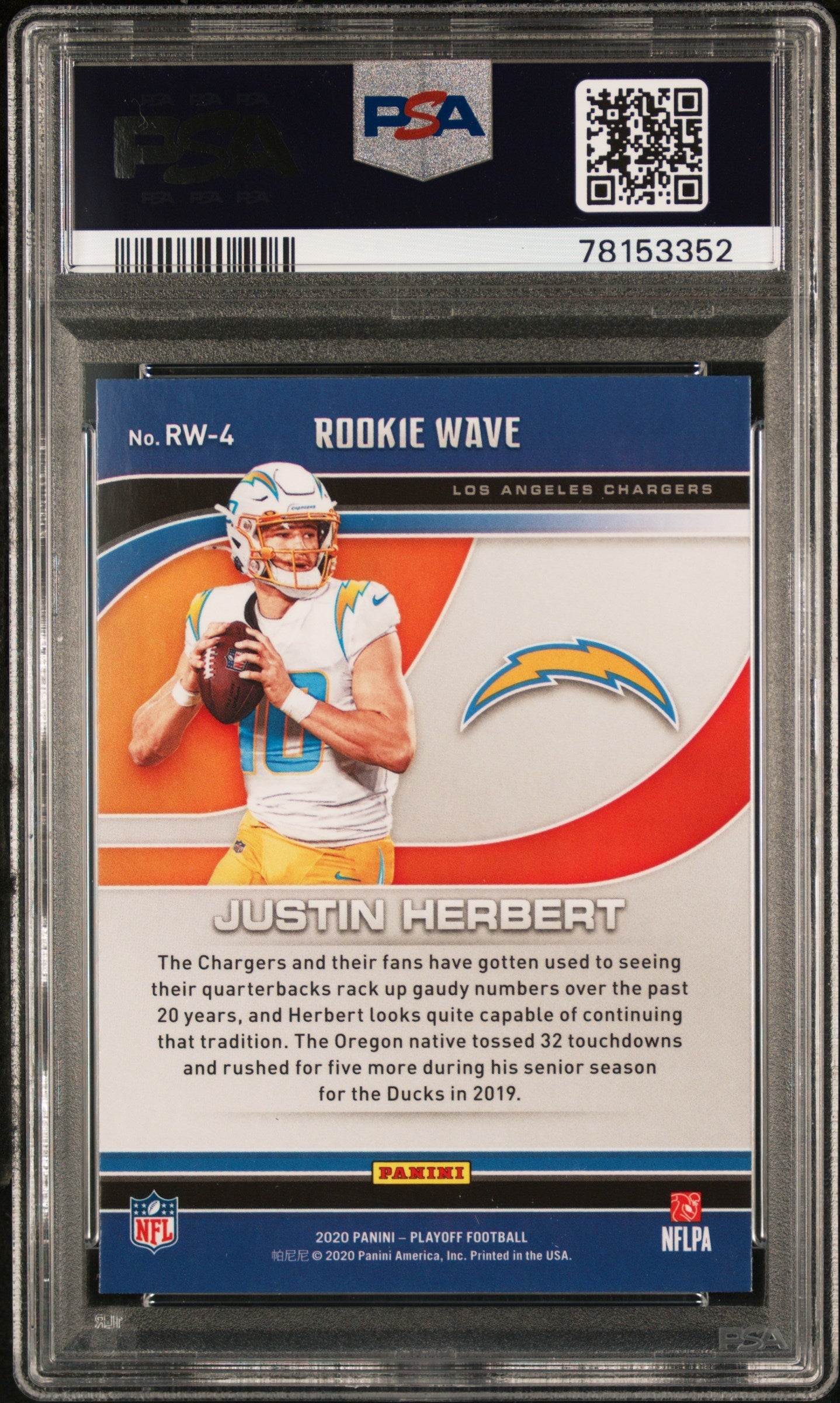 Graded 2020 Panini Playoff Justin Herbert #RW4 Rookie Wave Rookie RC Football Card PSA 10 Gem Mint - Sport Cards