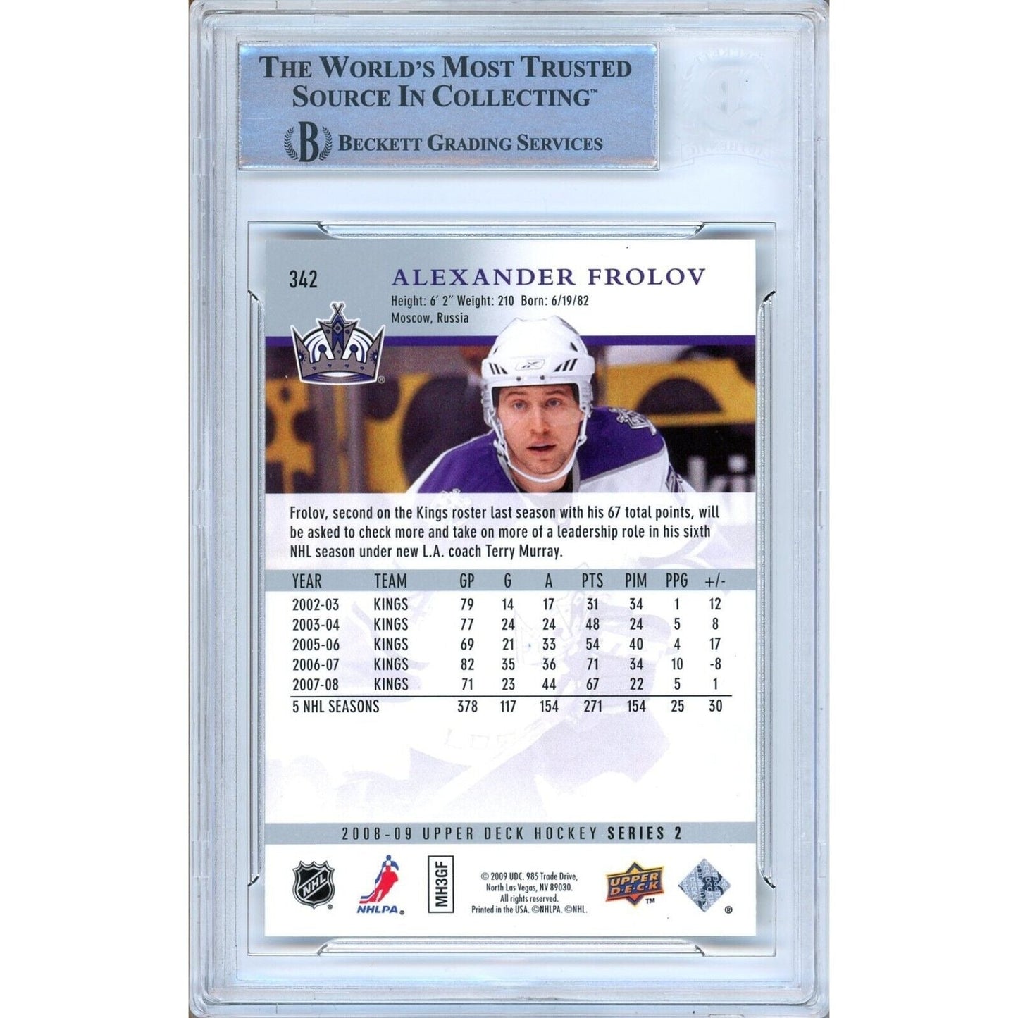 2008-09 Upper Deck #342 — Alexander Frolov Los Angeles Kings Autographed Trading Card — Beckett Authentication