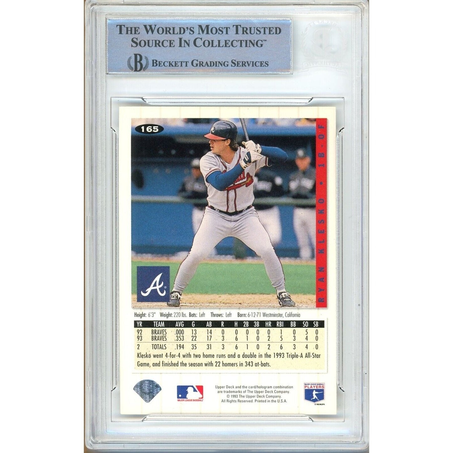 Ryan Klesko Atlanta Braves Signed 1994 Collectors Choice Card Beckett Authentic Auto Slab