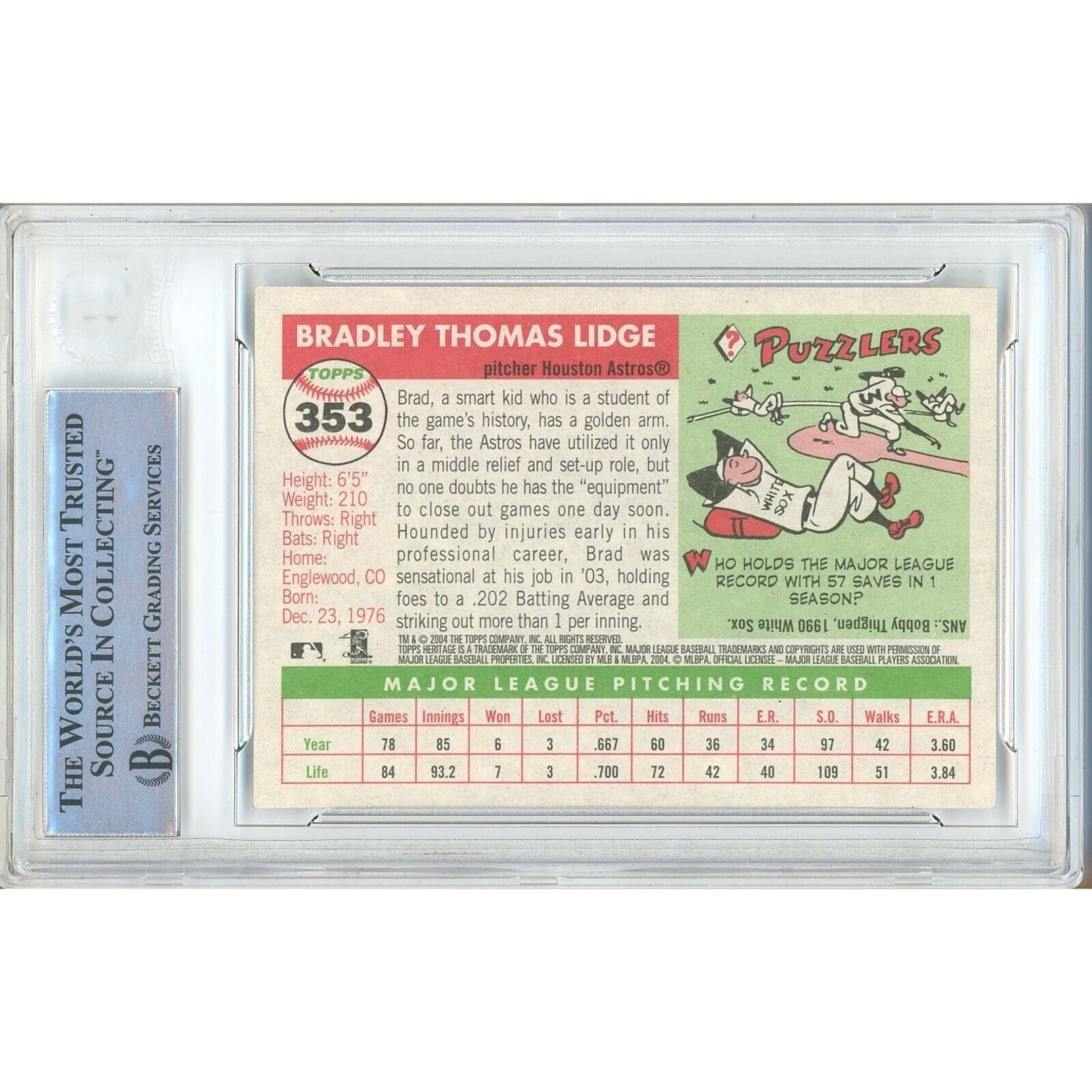 2004 Topps #353 — Brad Lidge Houston Astros Autographed Trading Card — Beckett Authentication