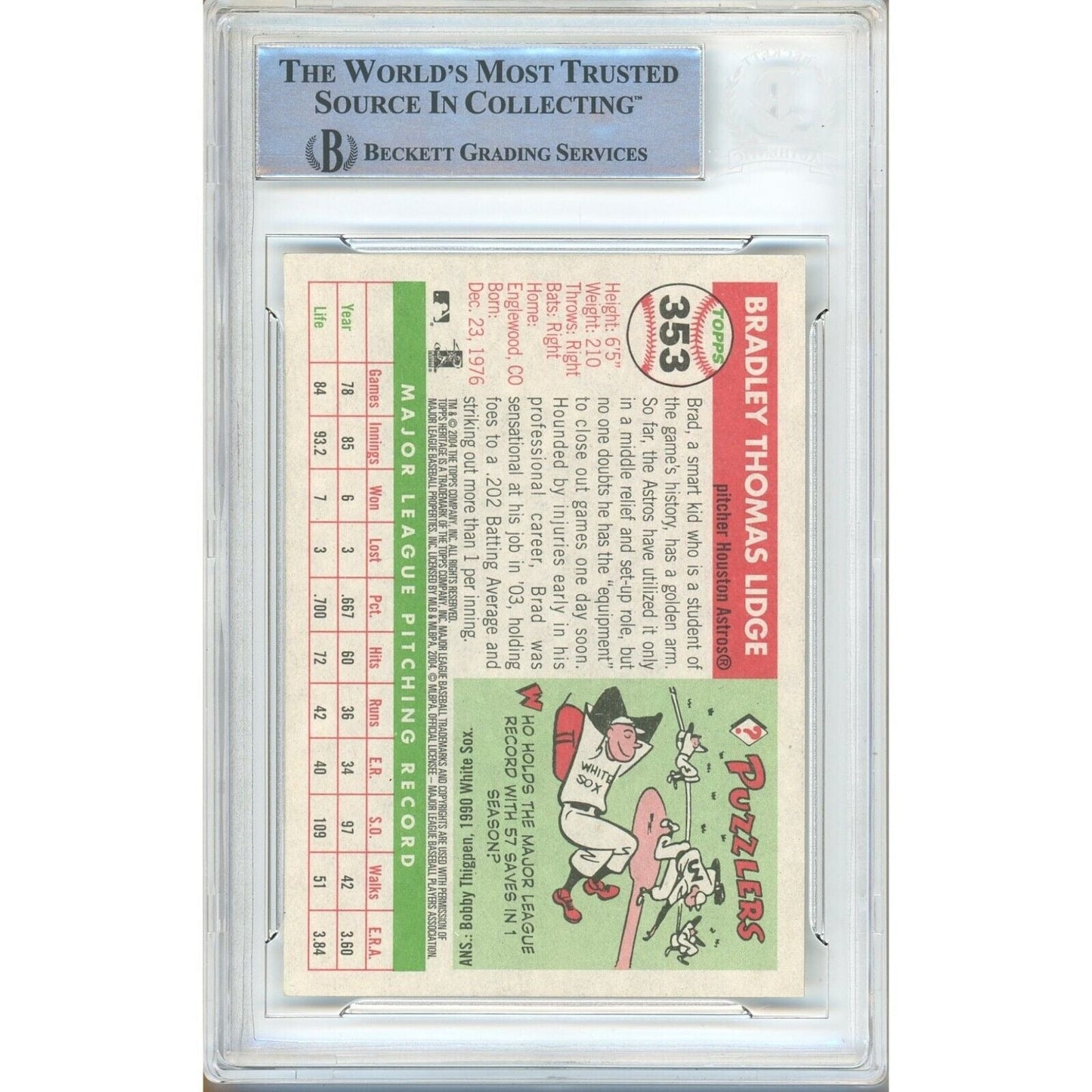 2004 Topps #353 — Brad Lidge Houston Astros Autographed Trading Card — Beckett Authentication