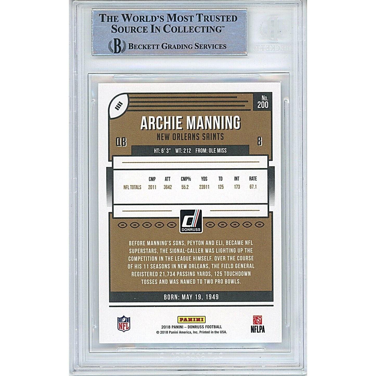 2018 Donruss #200 — Archie Manning New Orleans Saints Autographed Trading Card — Beckett Authentication
