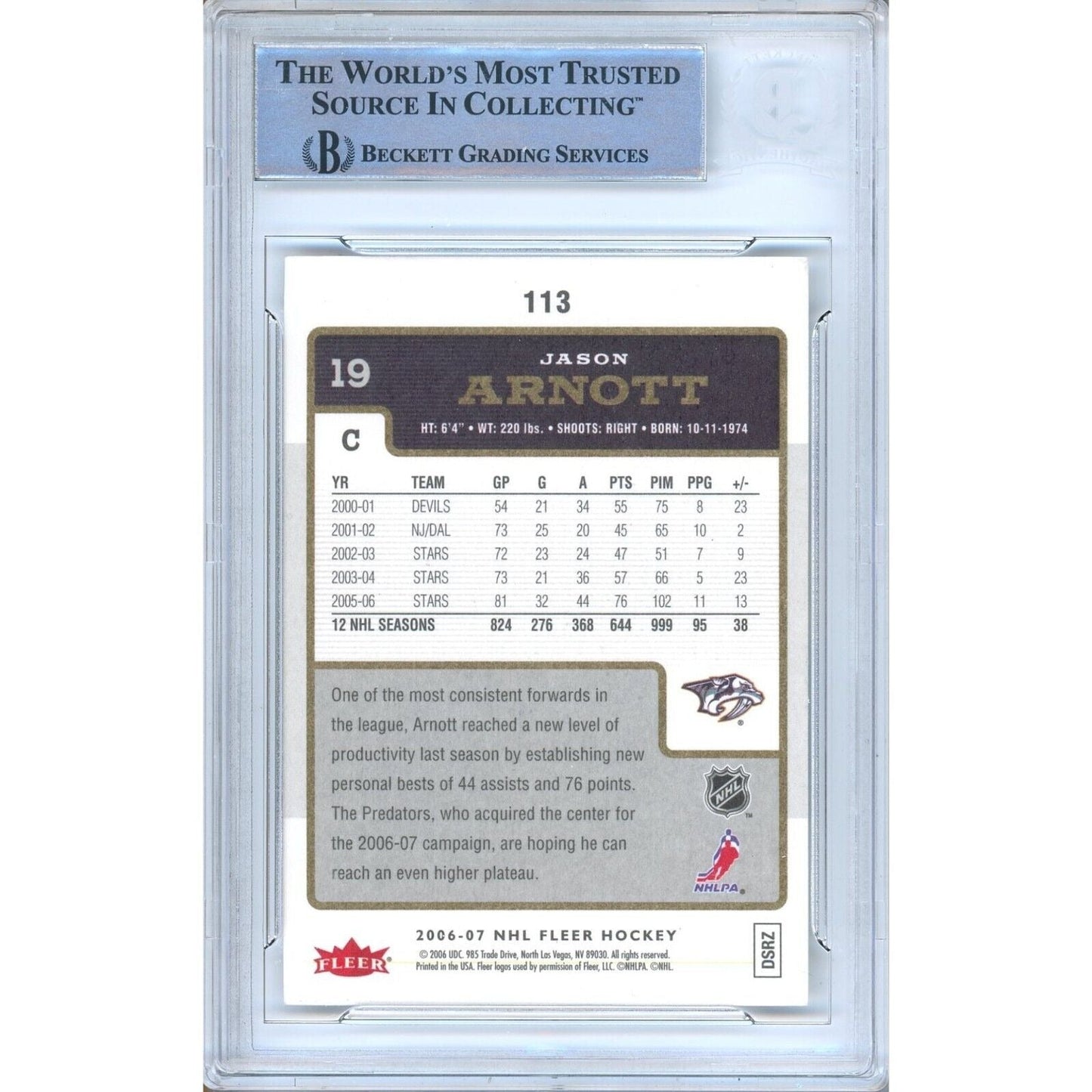 2006-07 Fleer #113 — Jason Arnott Nashville Predators Autographed Trading Card — Beckett Authentication