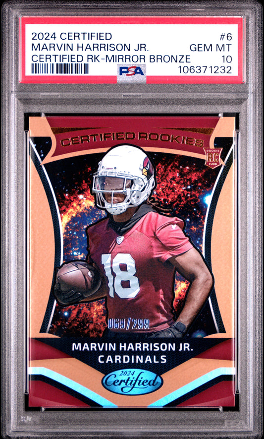 Graded 2024 Panini Certified Marvin Harrison Jr #6 Certified Rookie Mirror Bronze /299 Rookie RC Football Card PSA 10 Gem Mint