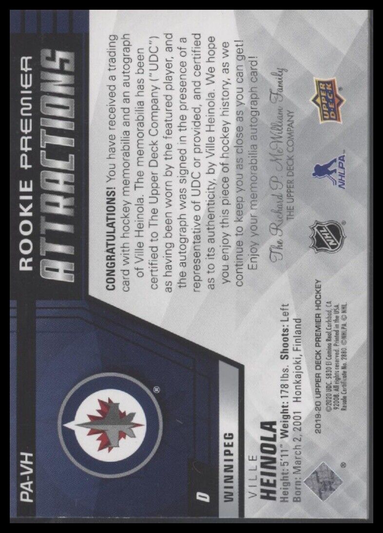 2019-20 Upper Deck Premier Ville Heinola Rookie Patch Auto - Sport Cards