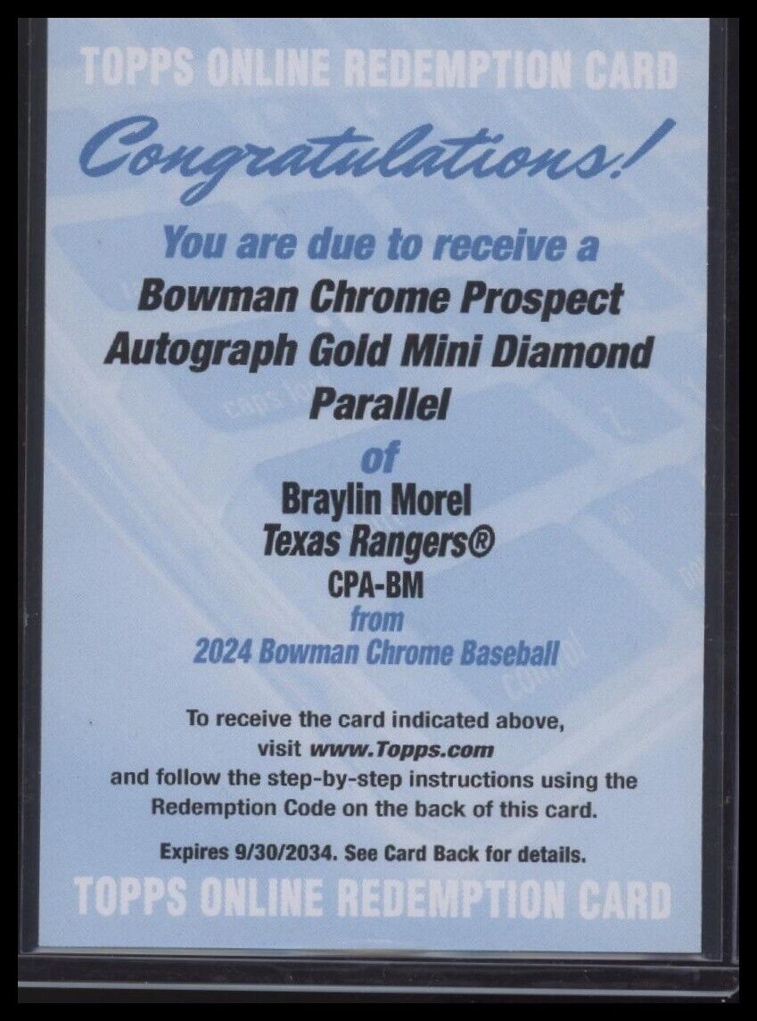 2024 Bowman Chrome Braylin Morel Gold Mini Diamond Refractor Auto /50 Rangers - Sport Cards